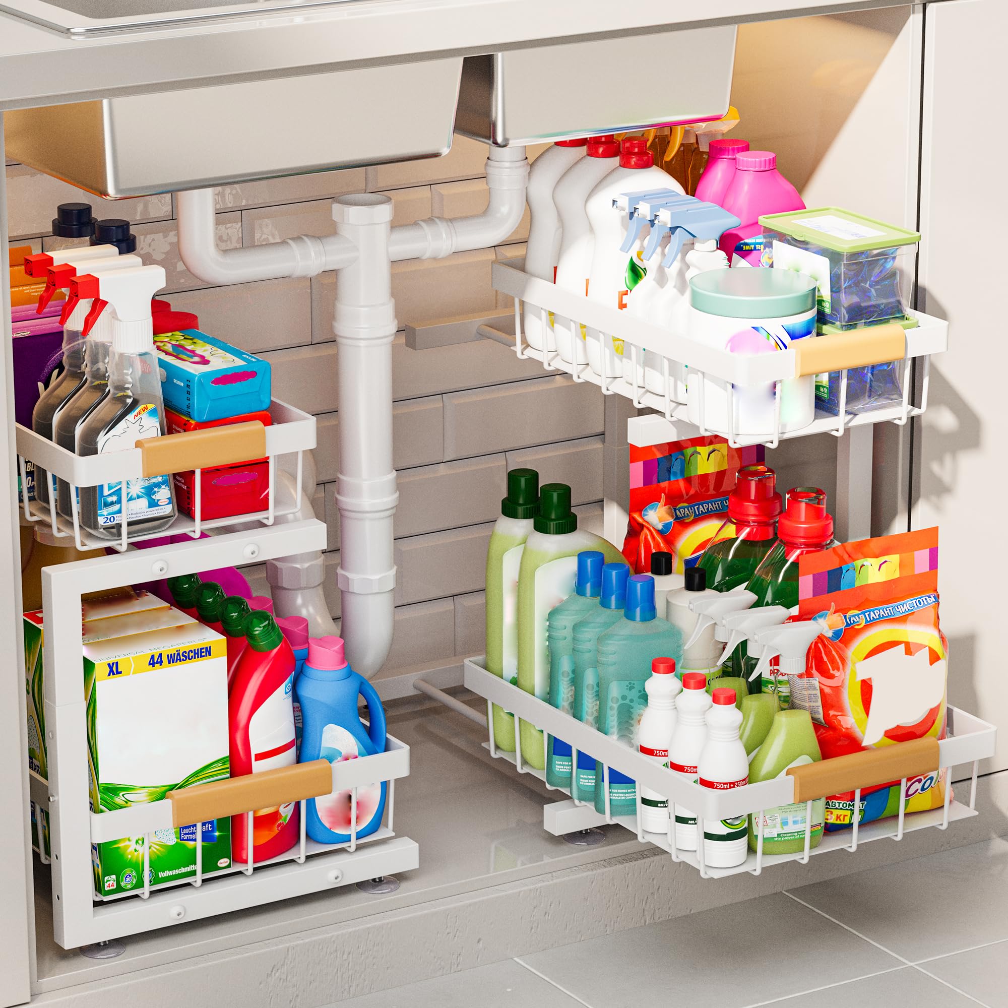 Etokfoks  2 Pack Under Sink Organizer Adjustable Height 2 Tier Metal Storage Rack 15.2 in L x 10 in W x 13.2-17.2 in H Sliding Drawers