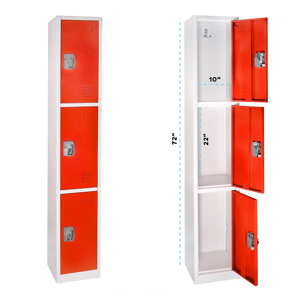 Red Steel 3-Tier Freestanding Office Locker with Adjustable Shelving