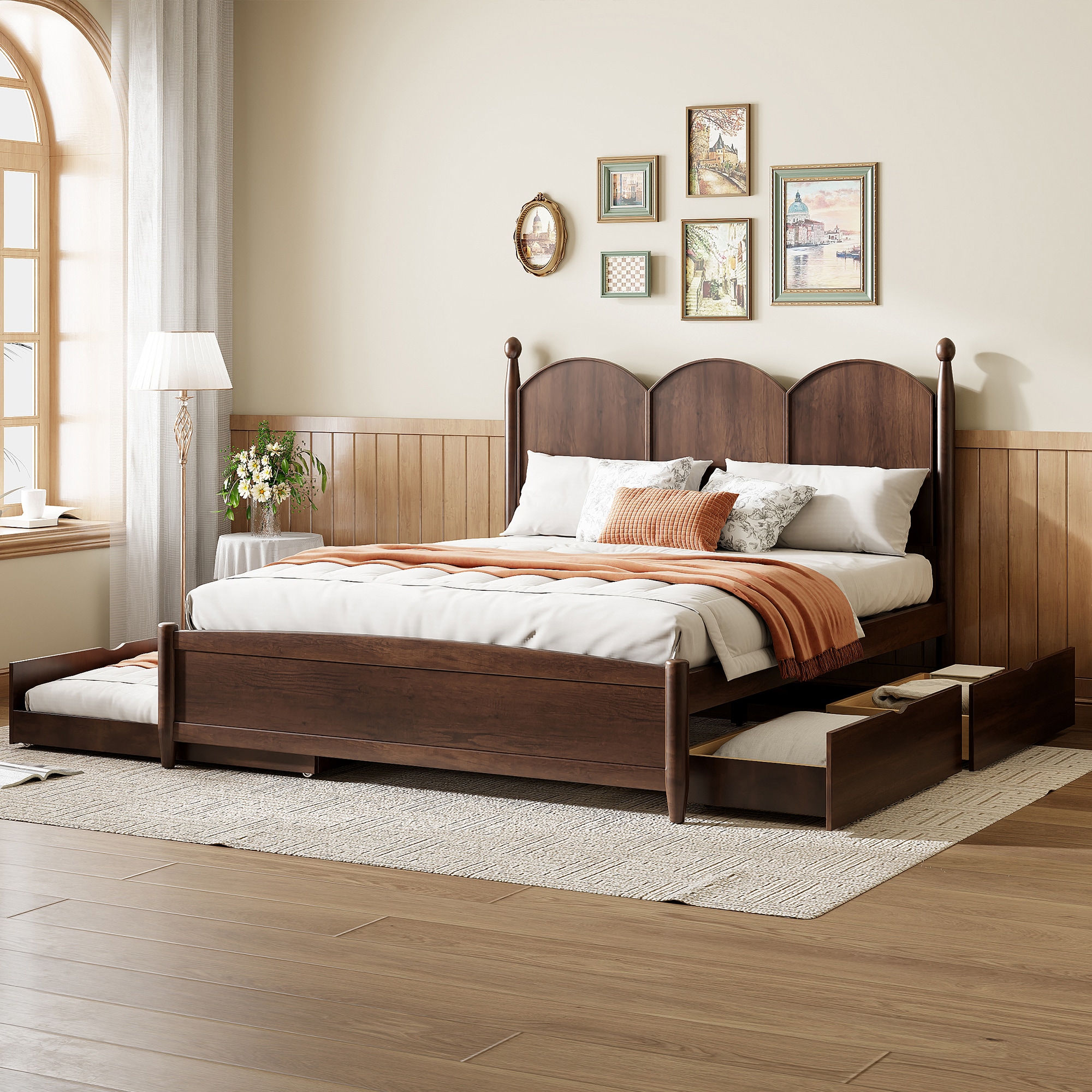 ModernLuxe L3P-N820S00025D Queen Size Platform Bed With with 2 Big Drawers Twin XL Size Trundle Walnut