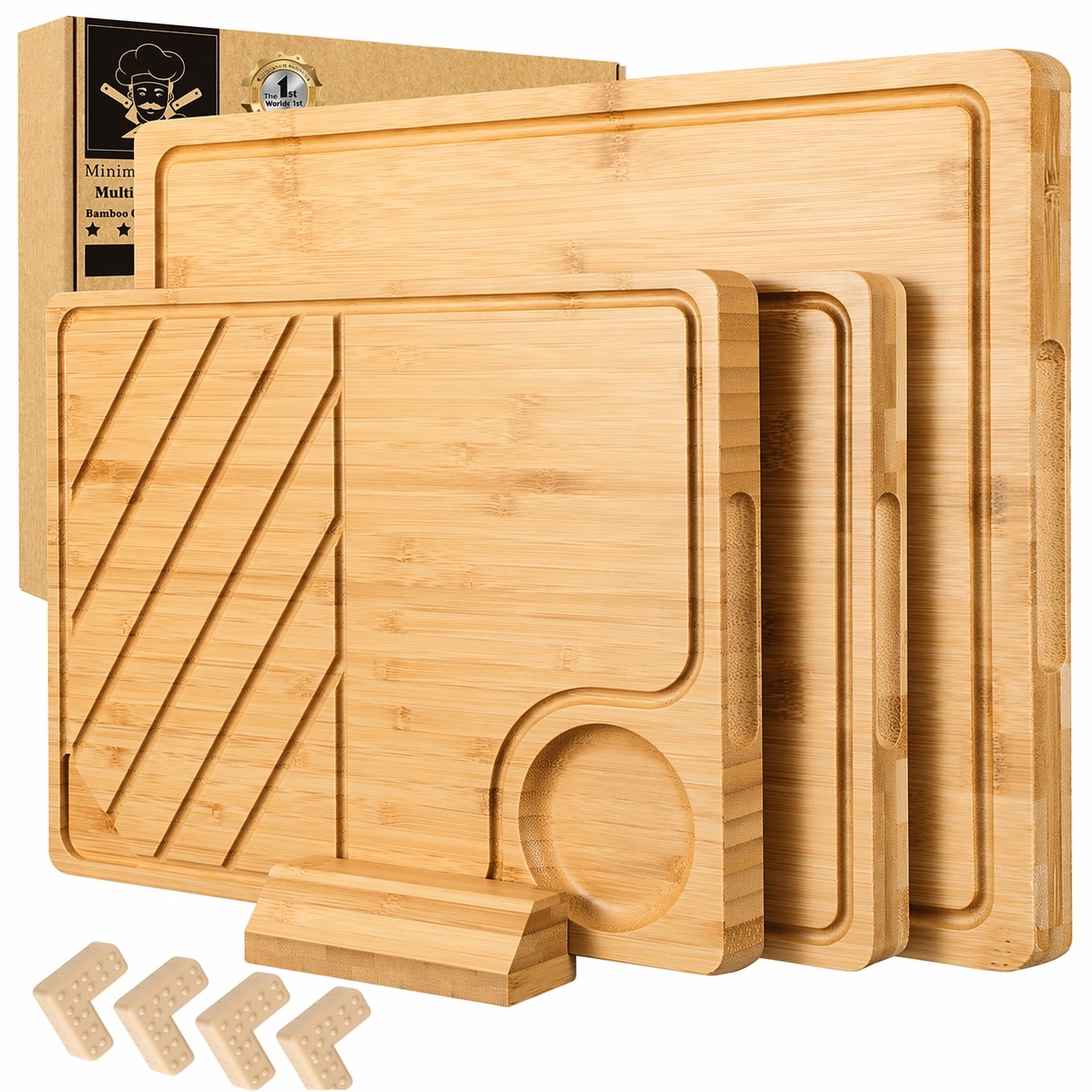 Etokfoks  4 Piece Natural Bamboo Cutting Board Set with Holder Non Slip Pads Kitchen Chopping Tray with Juice Groove