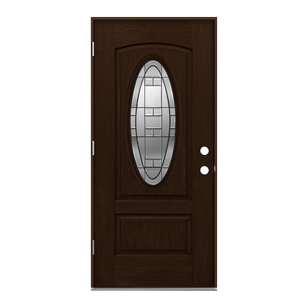 JELD-WEN LOWOLJW232100019 Lexington 36-in x 80-in x 4-9/16-in Fiberglass Oval lite Right-hand outswing Espresso Stained Prehung Front Door Insulating core