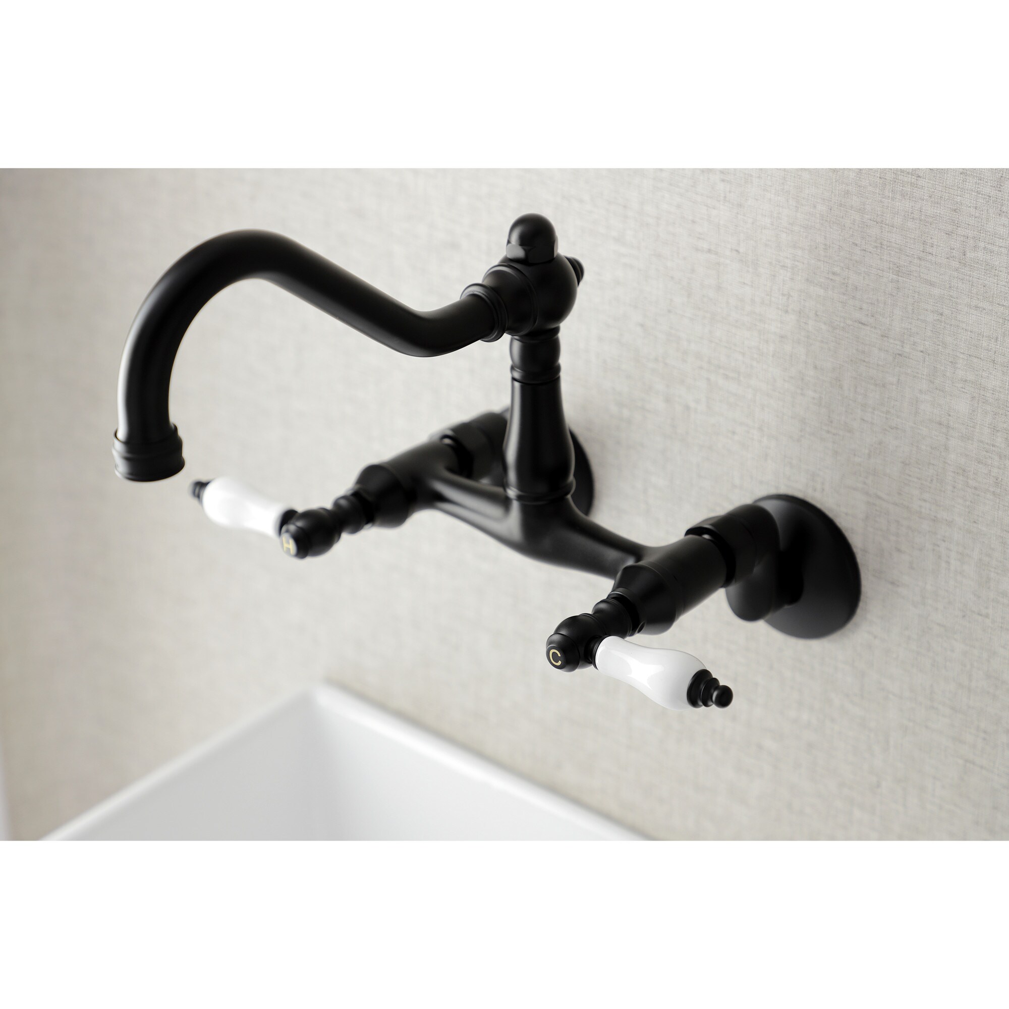 Kingston Brass WLKS3220PL Vintage Matte Black Double Handle Wall-mount Kitchen Faucet