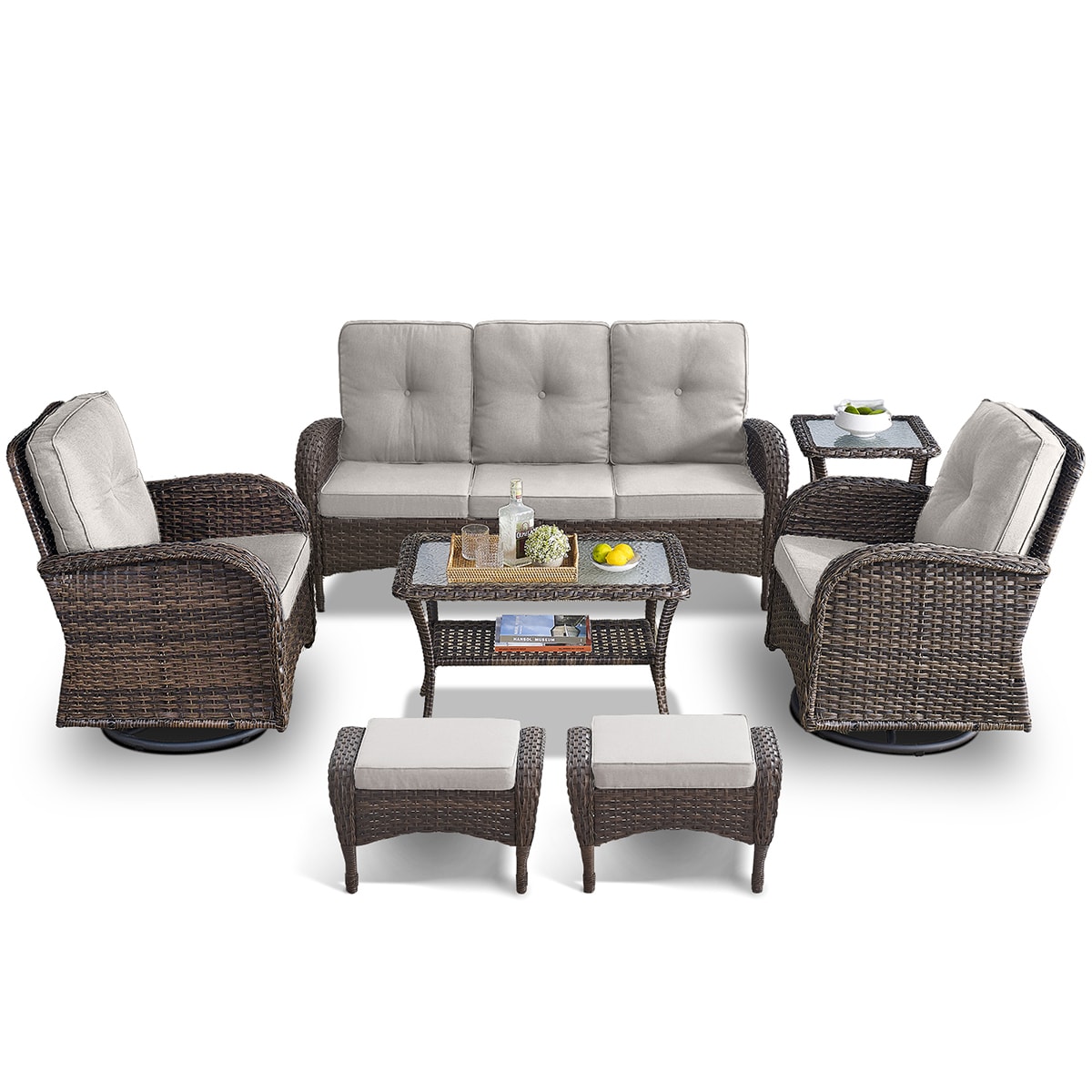 Rilyson FS114116R50085-2 7 -Piece Wicker Patio Sofa Conversation Set with Off-white Cushions