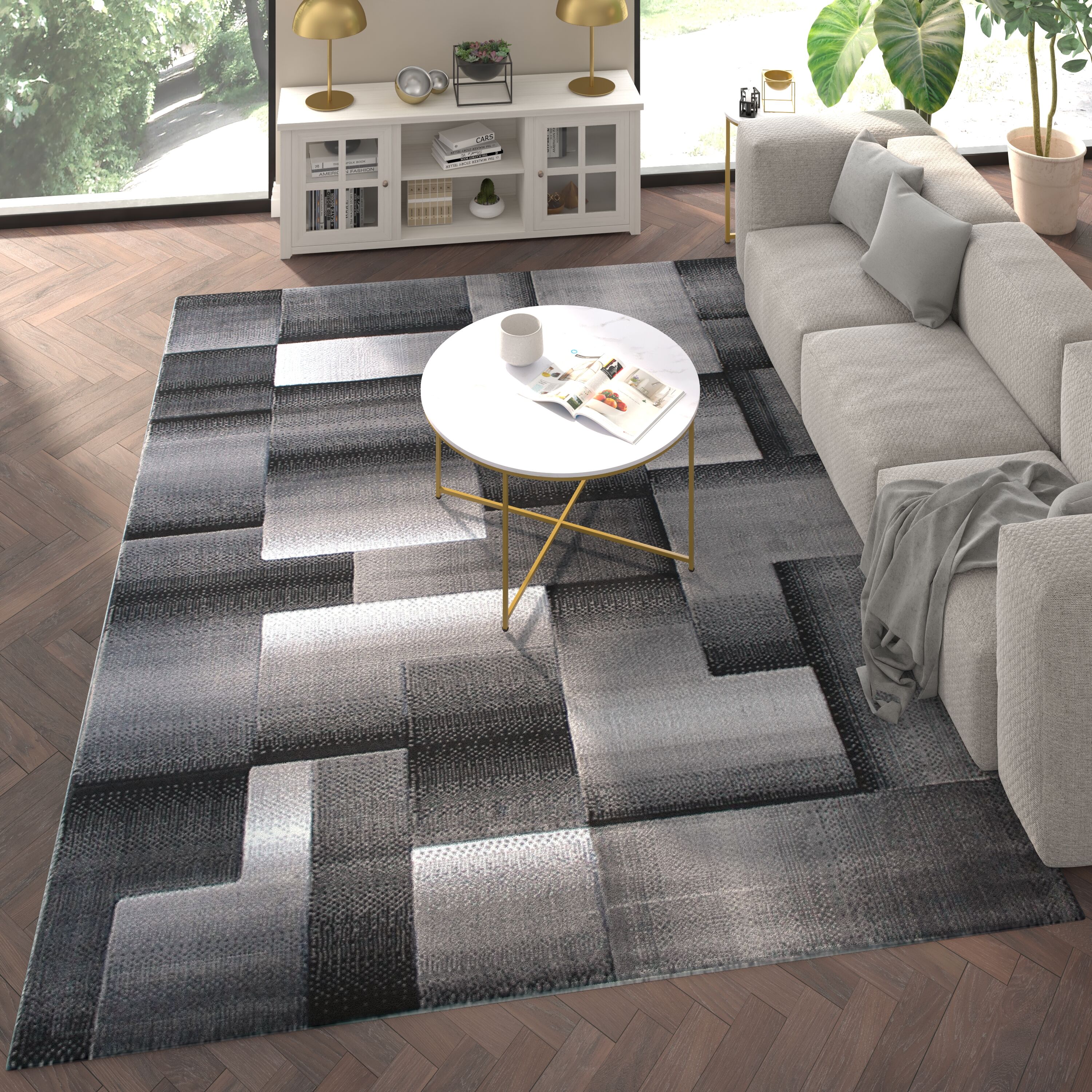 Emma + Oliver 840196368221 Malaga 8x10 Modern Cubist Olefin Accent Rug in Gradient Shades of Black; Gray and White with Natural Jute Backing