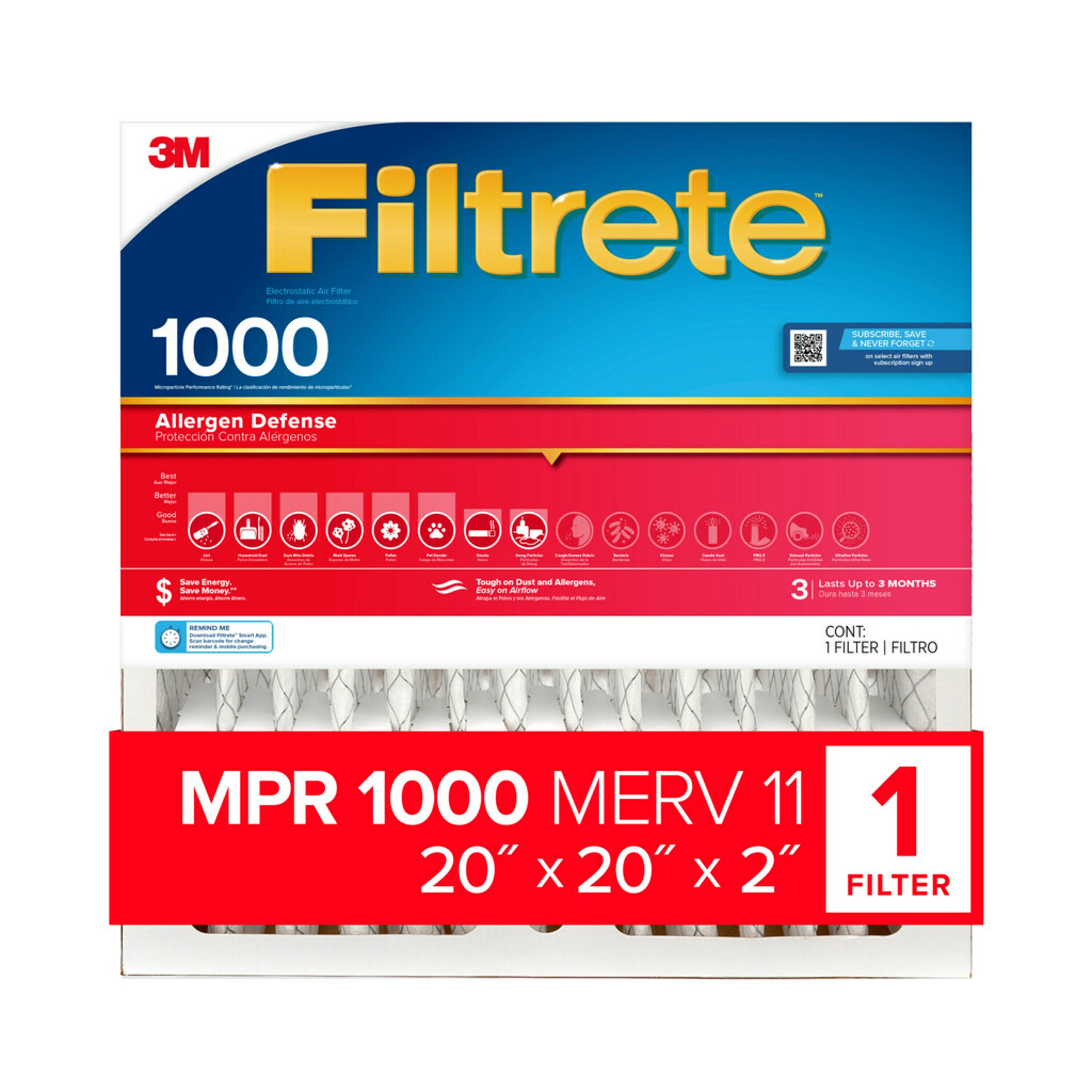 Filtrete LADP02-2IN-6 20-in W x 20-in L x 2-in MERV 11 1000 MPR Allergen Defense Electrostatic Pleated Air Filter