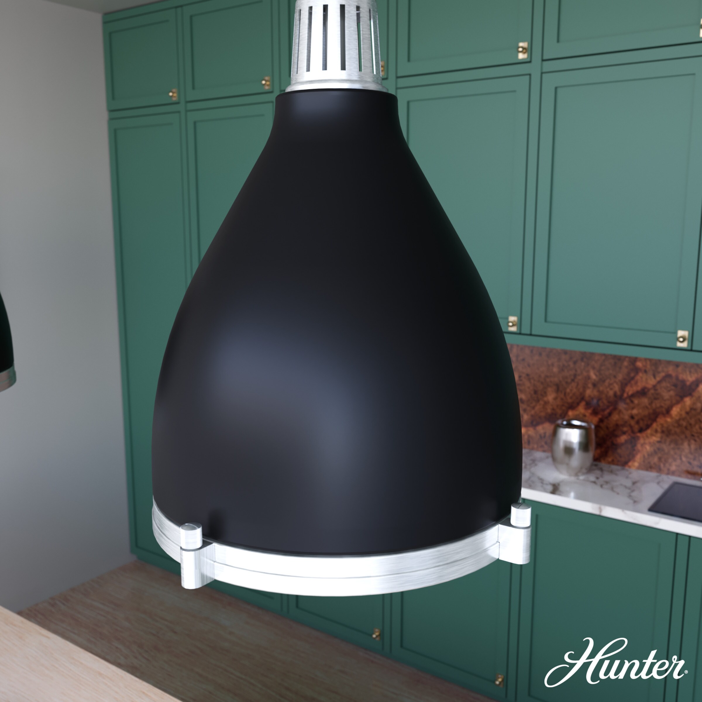 Hunter Bluff View 3-Light Flat Matte Black Transitional Clear Glass Dome LED Medium Hanging Kitchen Island Light