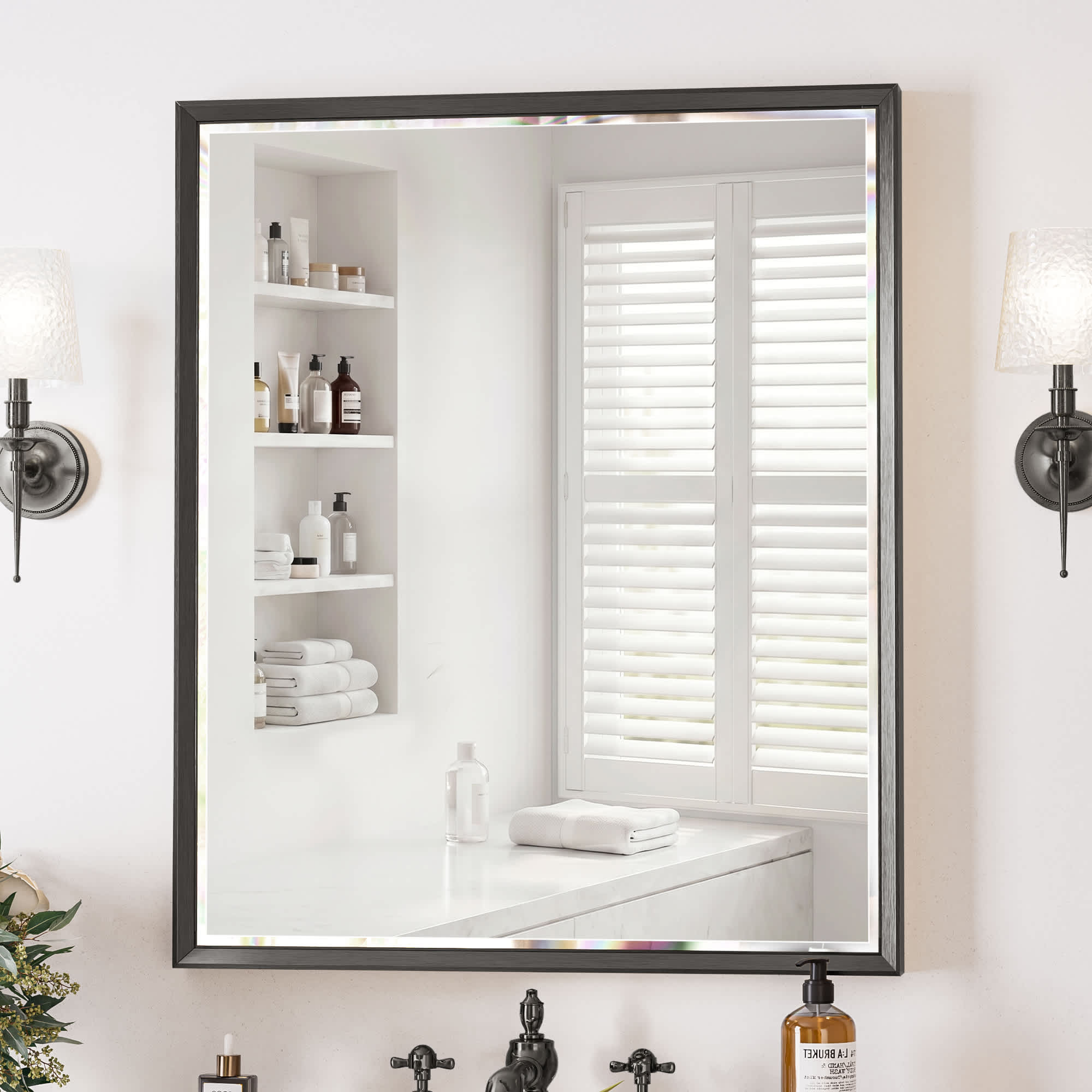 Aok Garden 30 in x 36 in Framed Rectangular Wall Mounted Double Beveled Frame Vanity Mirror Brushed Black