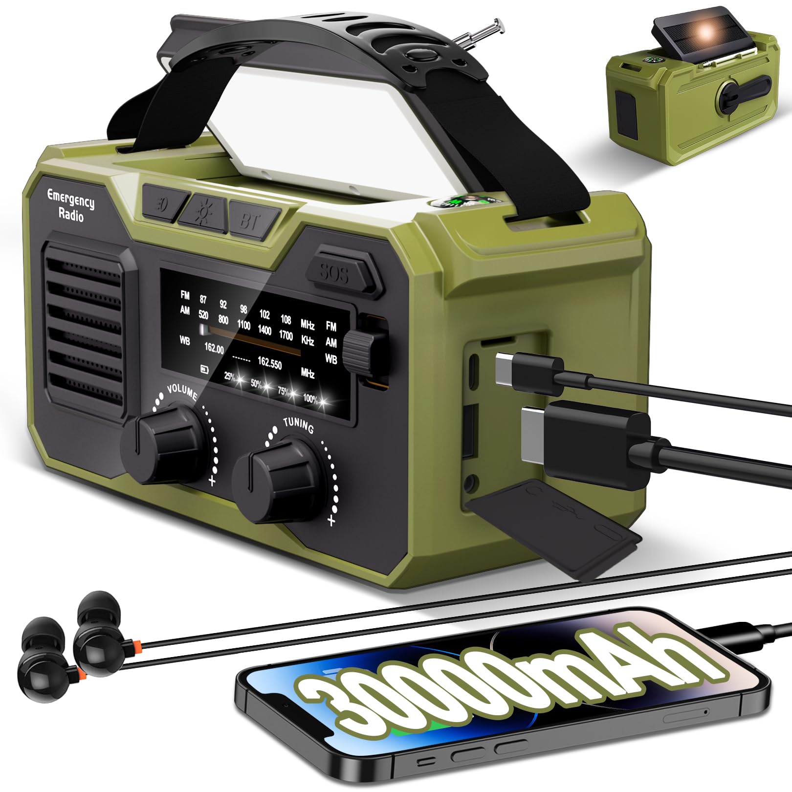 Vrbgify  Emergency Weather Radio Hand Crank Solar Type C renewable power Outdoor Radio with Reading Lamp SOS Alarm 3 Mode Flashlight Power Bank
