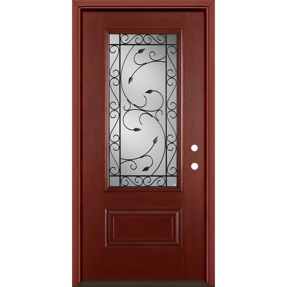 Masonite 3422269 Pergola 36-in x 80-in x 4-9/16-in Fiberglass 3/4 lite Left-hand inswing Wineberry Stained Prehung Single door Front Door with Brickmould Insulating core Decorative glass