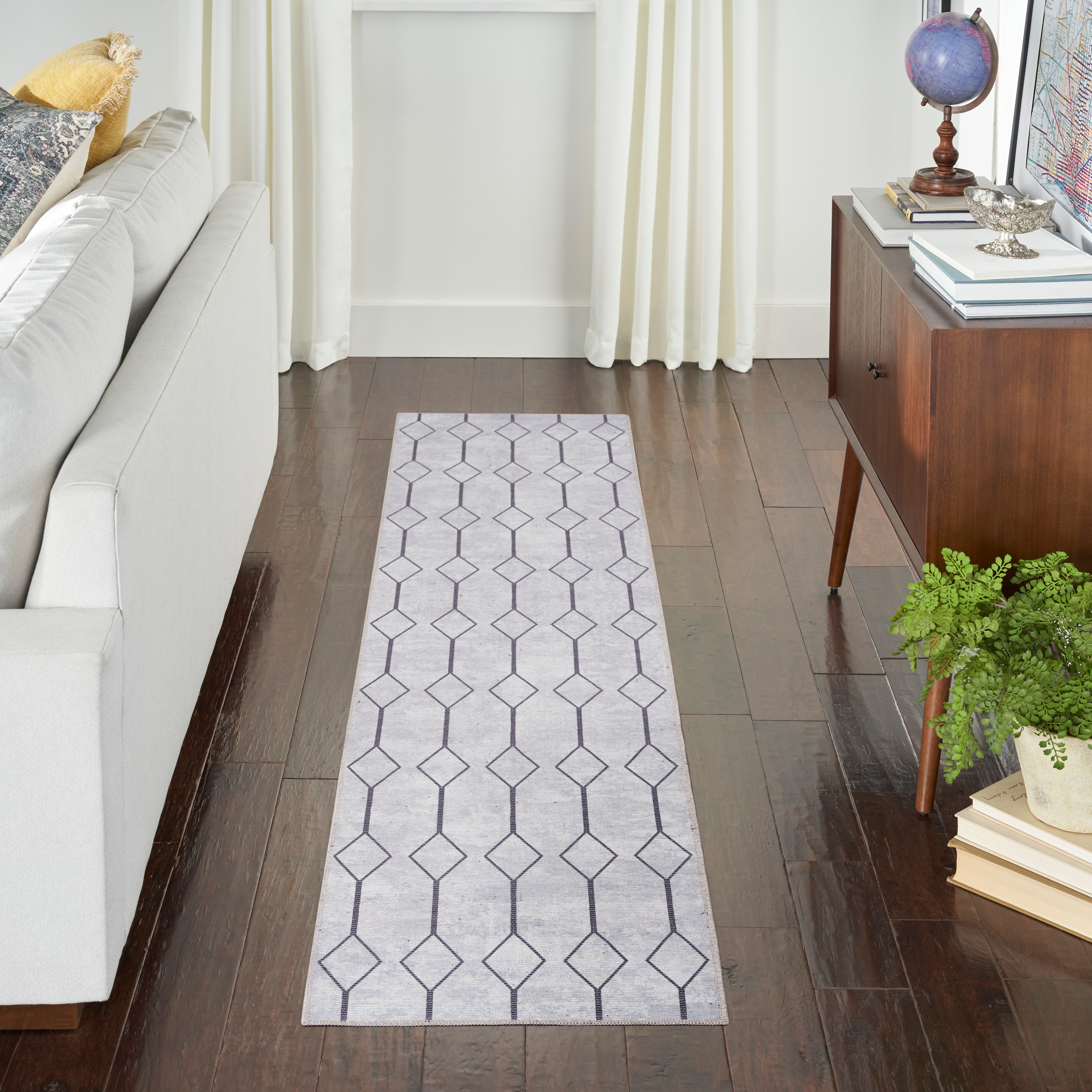 Ivory and Grey Geometric Cotton Synthetic Runner Rug