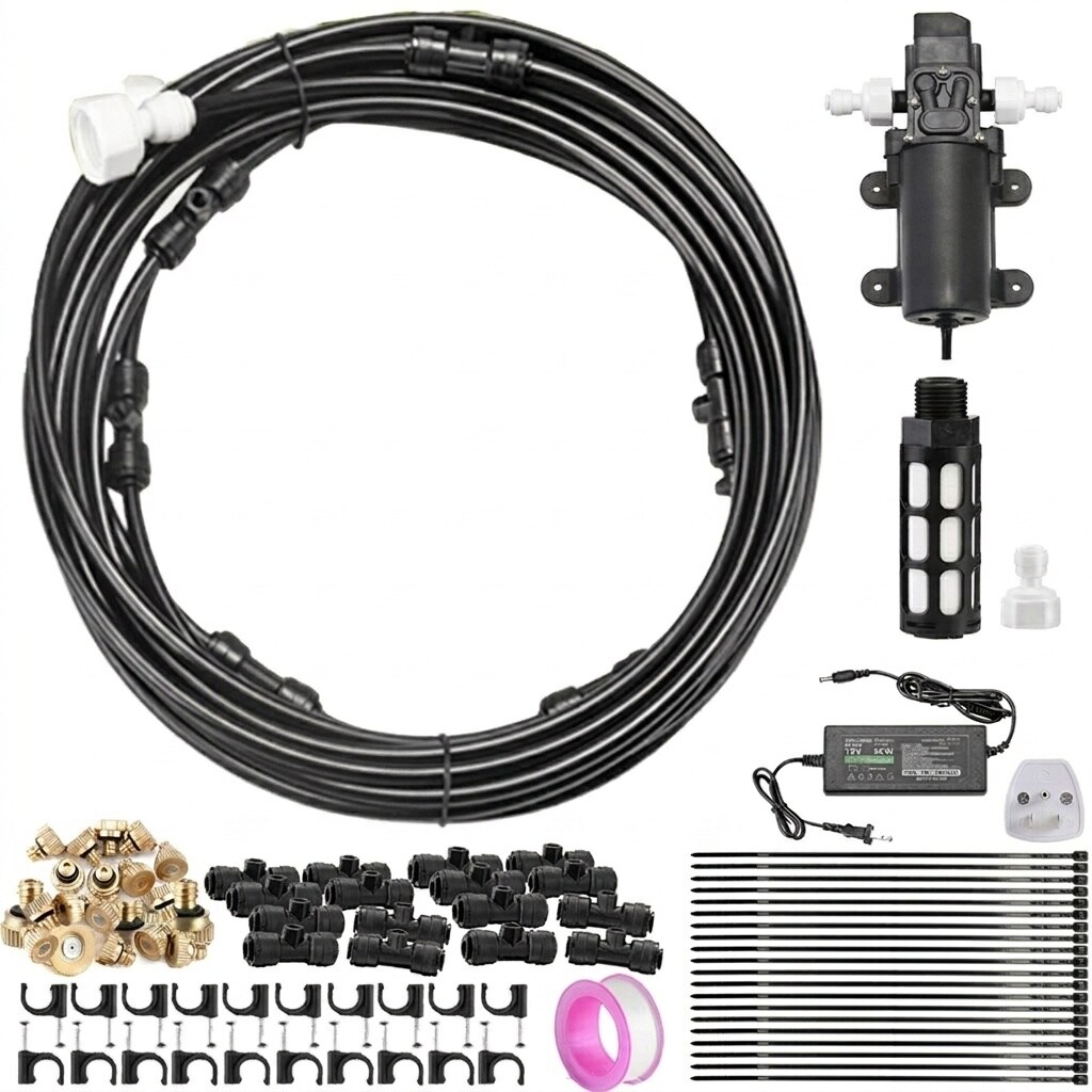 Etokfoks  Outdoor Misting Cooling System with Pump and Filter 40ft Misting Line with 16 Brass Mist Nozzles for Patio Garden