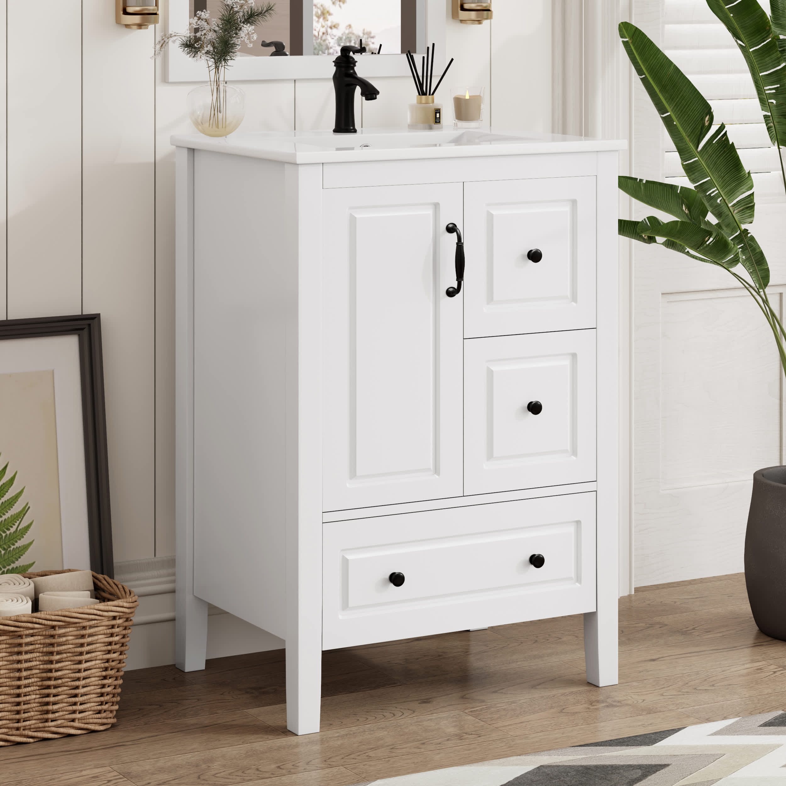 Misty Moon LW0406-NHBO-YSG-4 24 Inch White Bathroom Vanity with Sink One Cabinet with Soft-closing Door and 3 Soft-closing Drawers