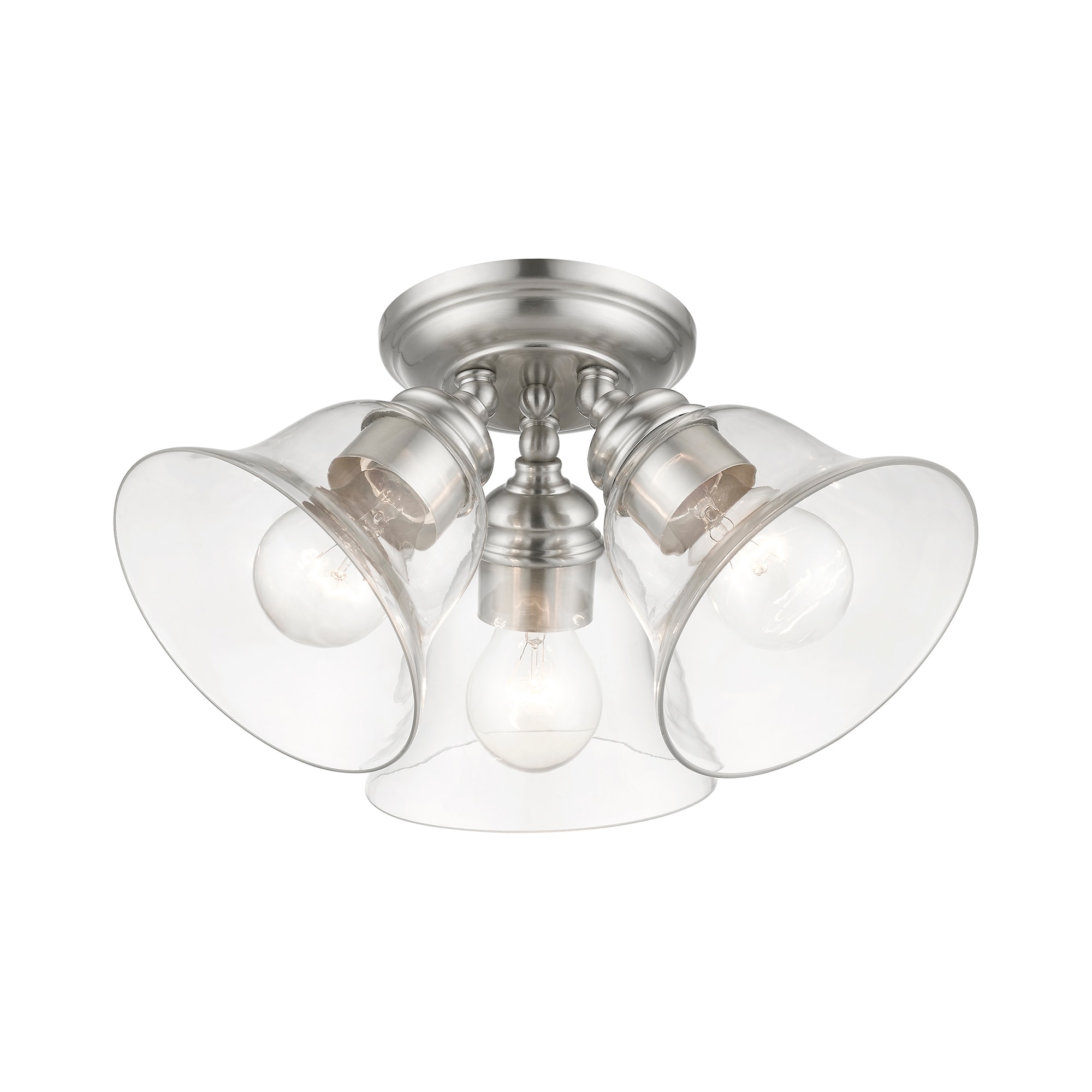 Transitional Brushed Nickel 3-Light Semi-Flush Mount with Clear Glass Shades