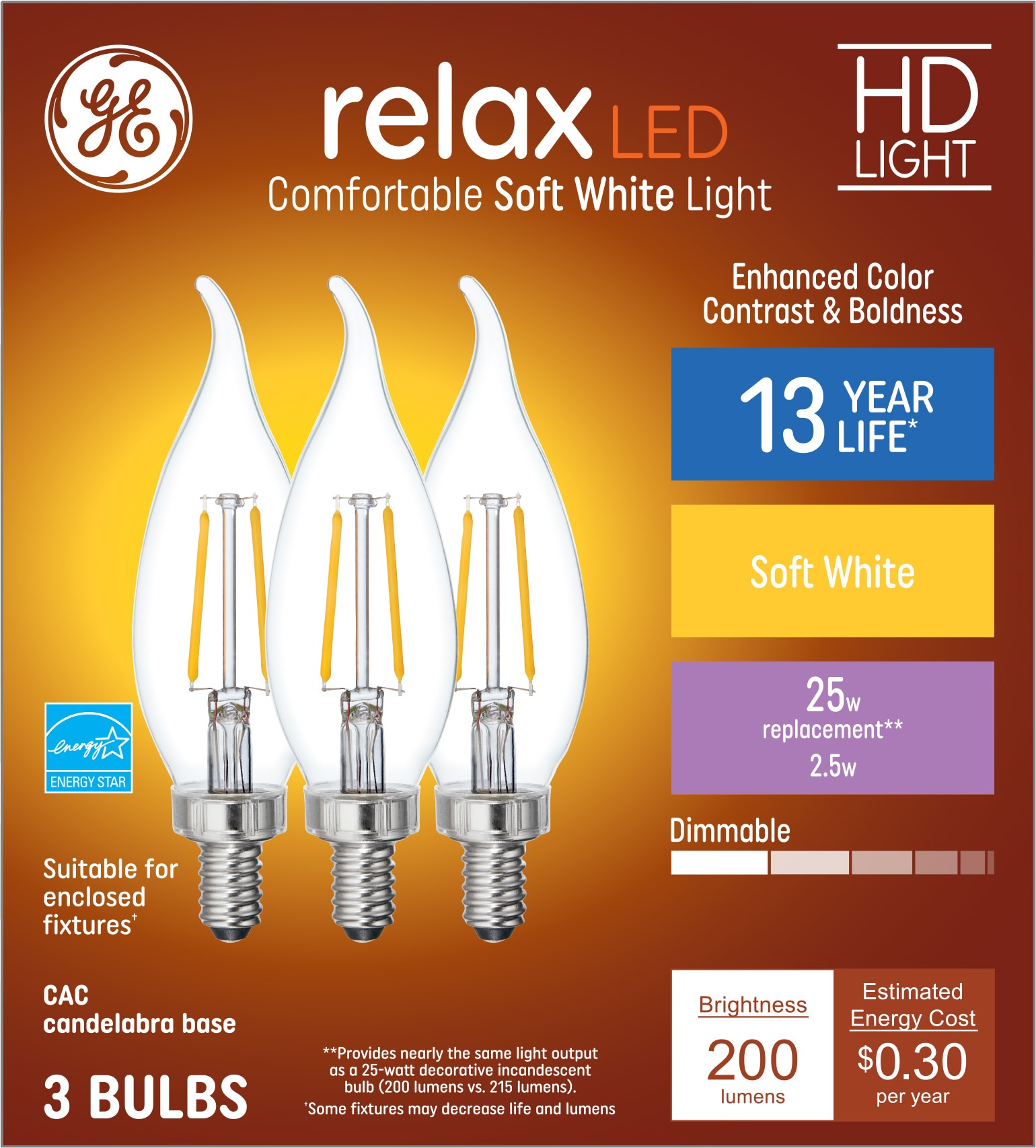 GE Relax HD 25-Watt EQ CAC Soft White Candelabra Base (e-12) Dimmable LED  Light Bulb (3-Pack) in the Decorative Light Bulbs department at