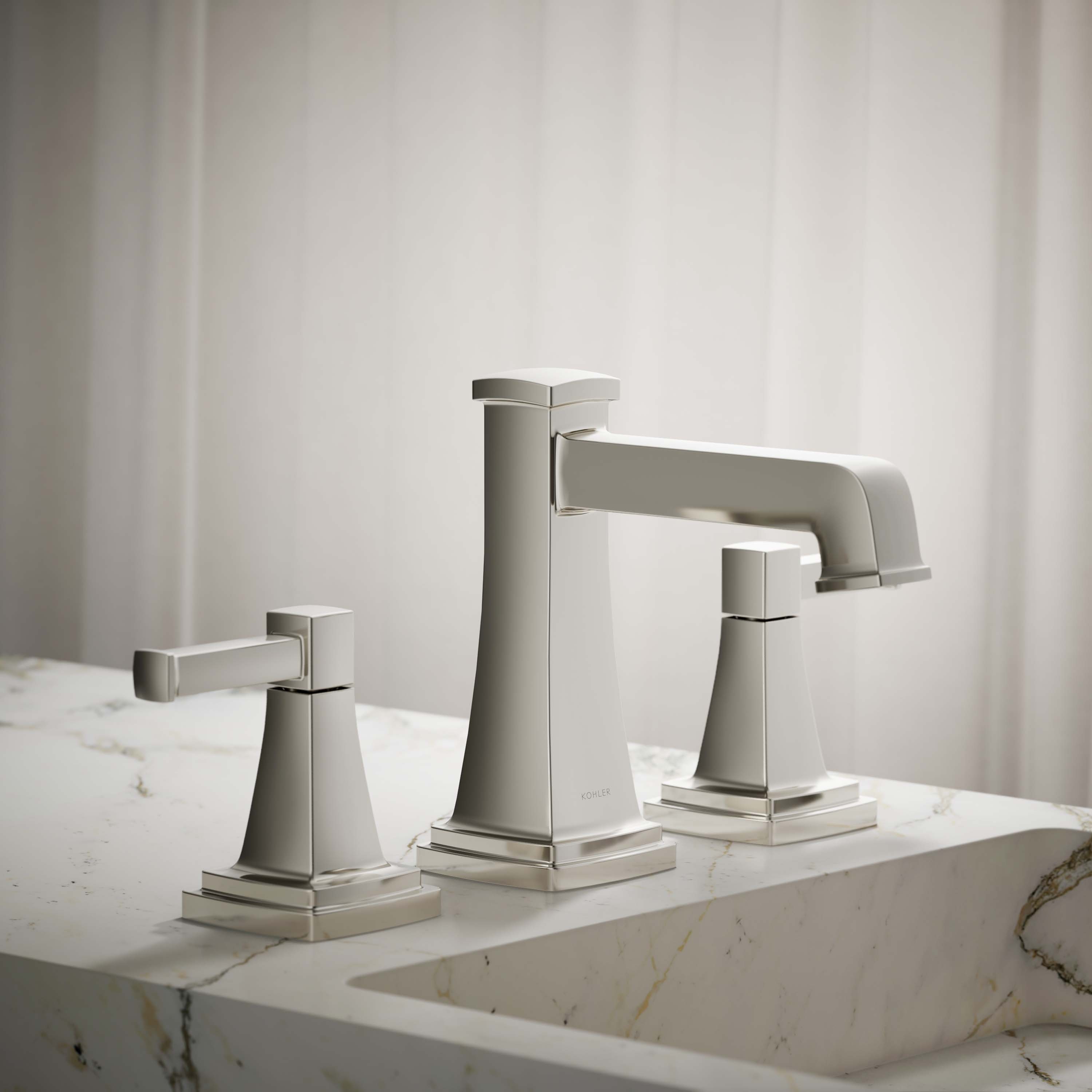 KOHLER 27399-4-SN Riff Vibrant Polished Nickel Widespread 2-handle WaterSense Low-arc Residential Handle Bathroom Sink Faucet