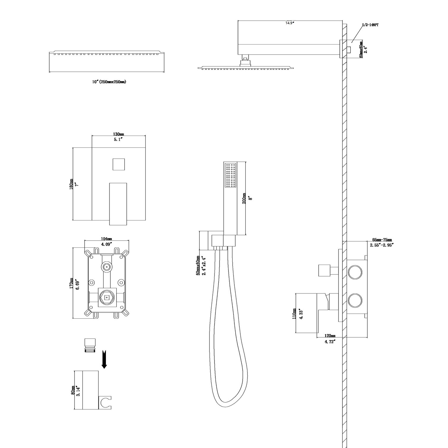 Watnature EVJN081D6ELX Showerhead-Bar-Panels - View #2
