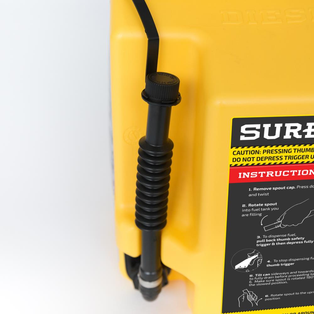  SureCan 5 Gallon Self Venting Diesel Fuel Can Container with  180 Degree Rotating Nozzle, Thumb Trigger Flow Control, & Child Safe Fill  Cap, Yellow : Automotive