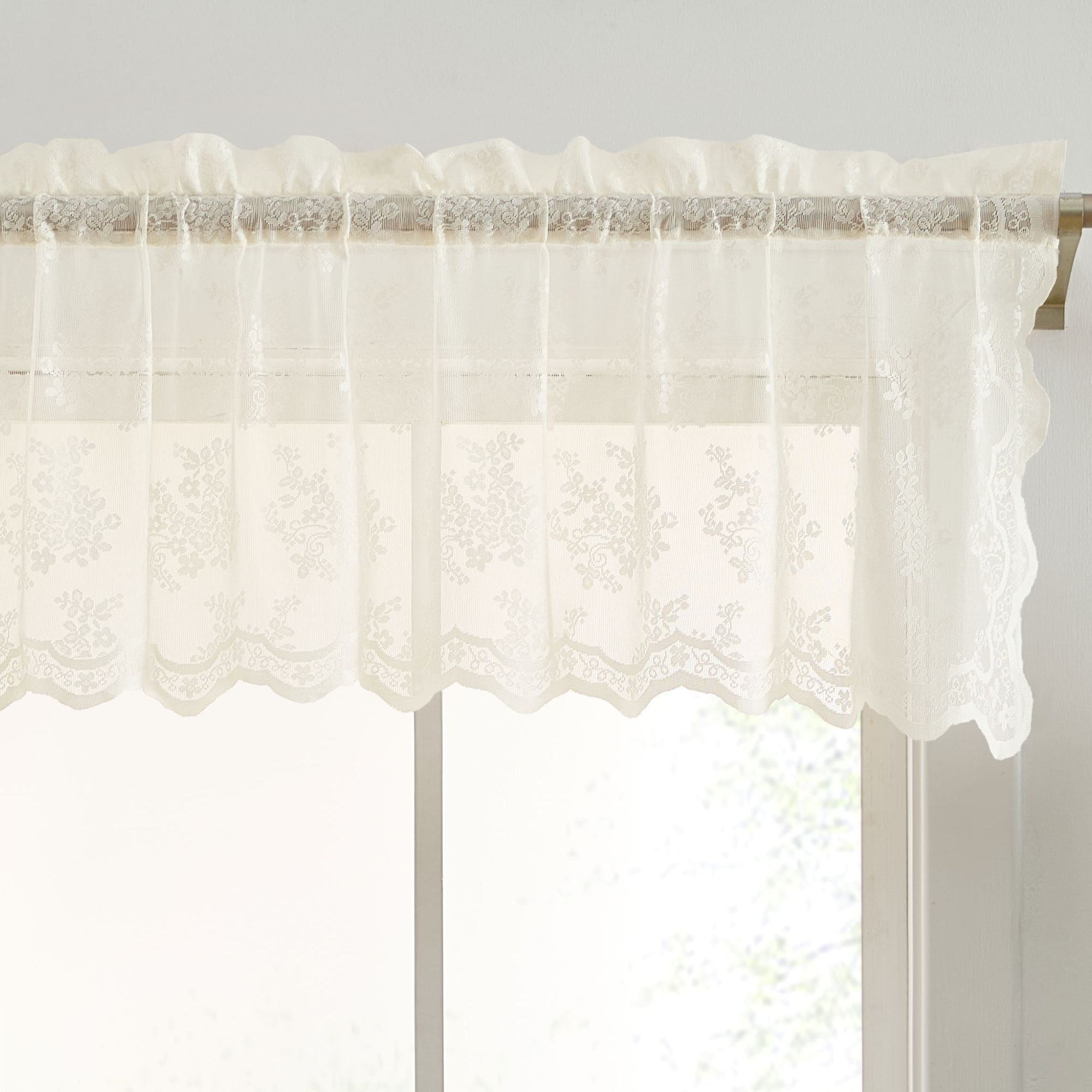 HLC.me JLN-18-IVRY Jolene Floral Rod Pocket Lace Semi Sheer Short Valance for Small Windows - Kitchen and Bathroom