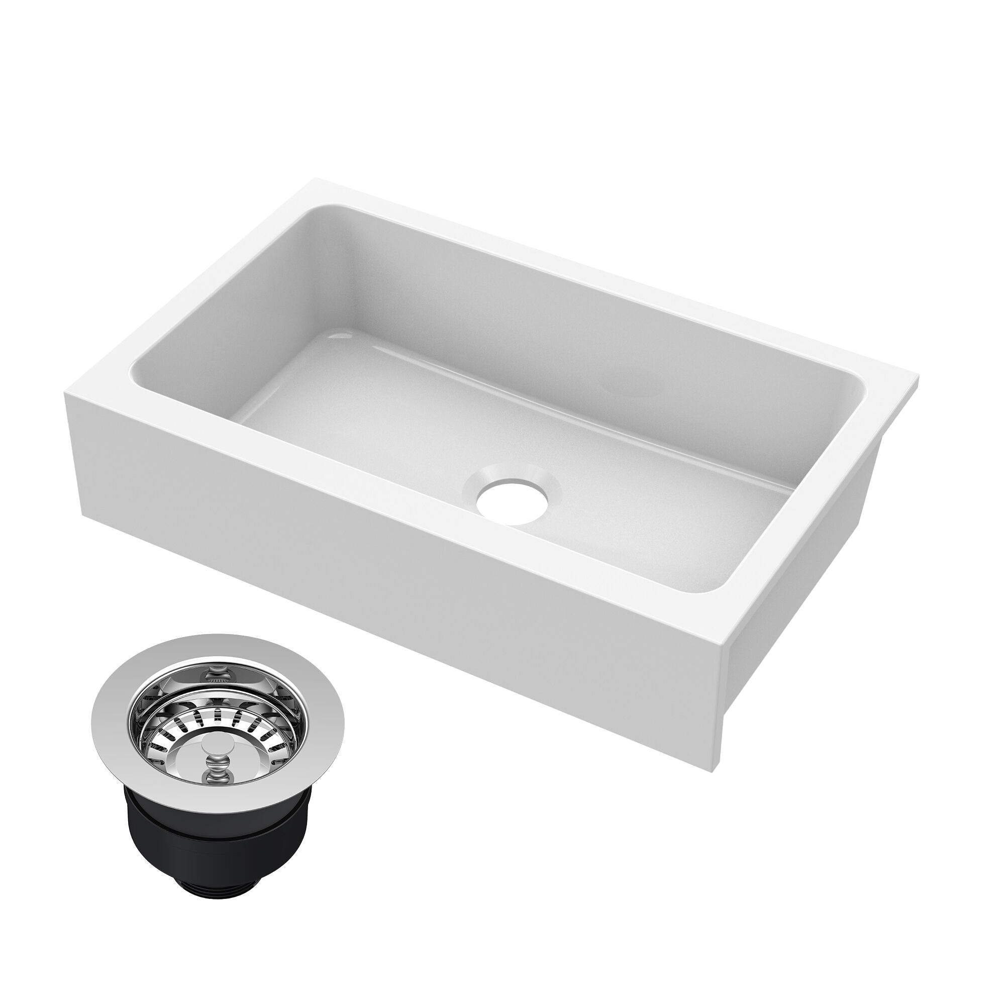 nuie  Drop In Kitchen Sink 34-in x 21-in x 9-in Fireclay Single Bowl Drop In Kitchen Sink with Chrome Drain - Topmount Sink with No Tap Hole