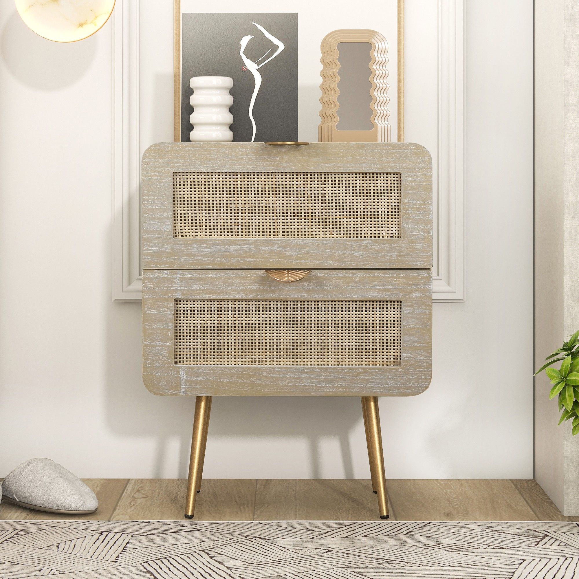 Yiekholo 2 Drawers Nightstand with Rattan Panel, Natura in the Nightstands  department at 