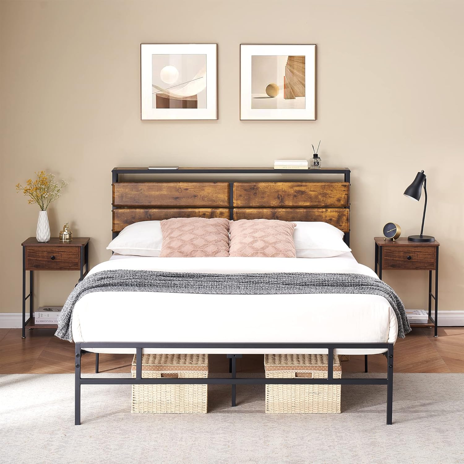 Qeetex LHF-BED-PHO-0XEAPX96 Twin Bed Frame Metal Platform Bed Frame with Storage headboard Rustic Vintage Wood Headboard Mattress Foundation No Box Spring Needed Noise Free