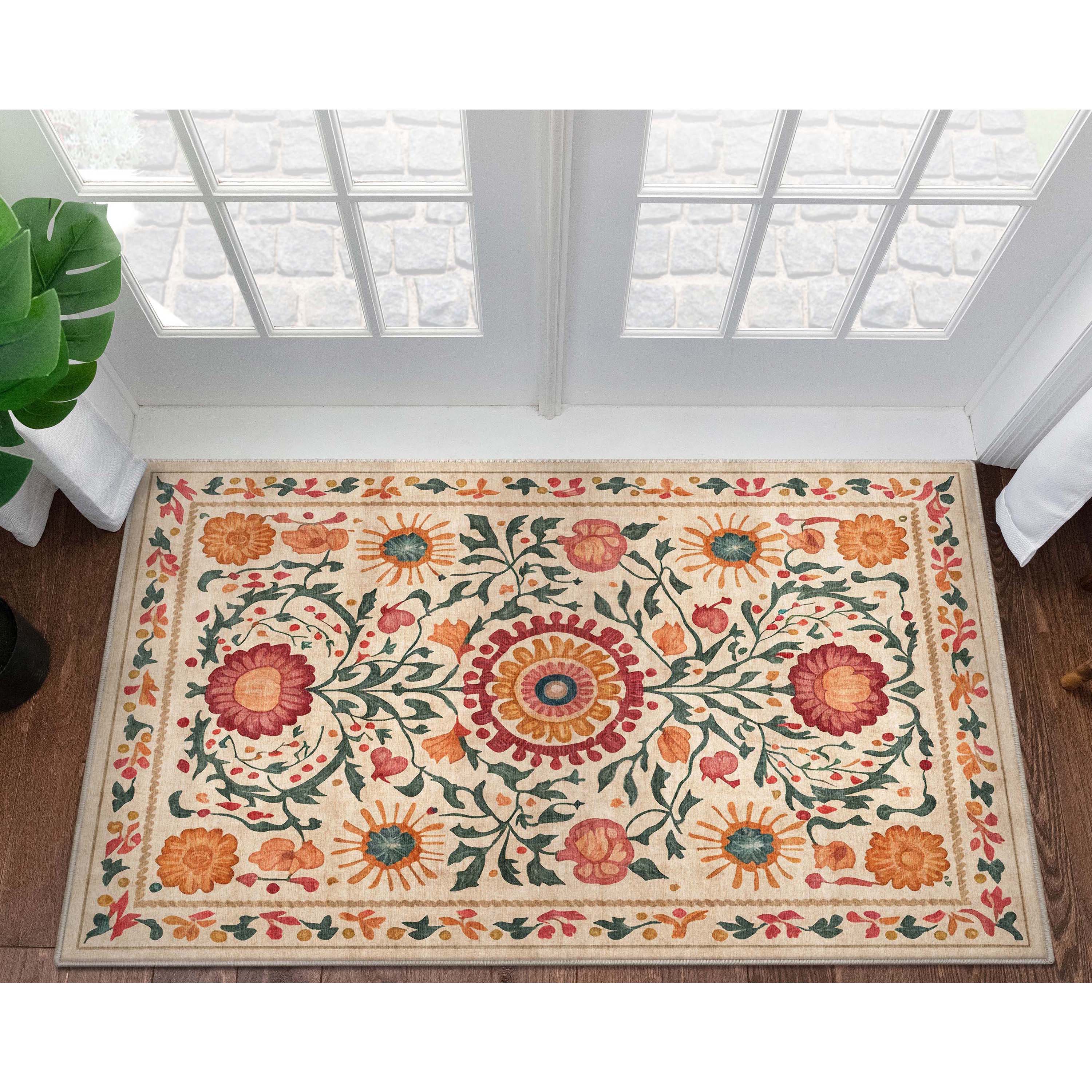 Suzani Beige 3'3" x 5' Floral Chenille Area Rug
