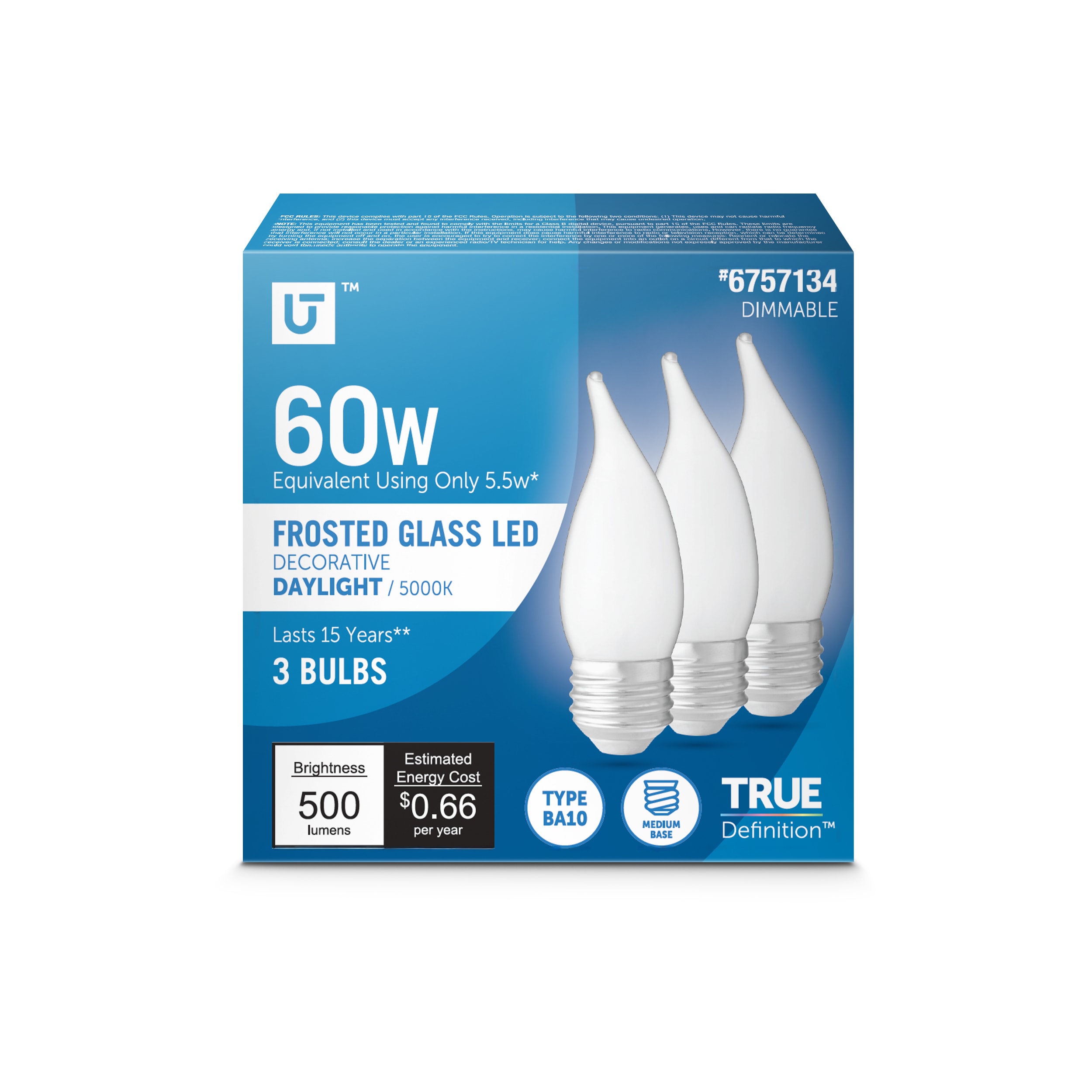 Utilitech LCFF60950CAFIL3 60 -Watt EQ B10 Daylight Screw bases Dimmable LED Decorative Light Bulb 3 -Pack