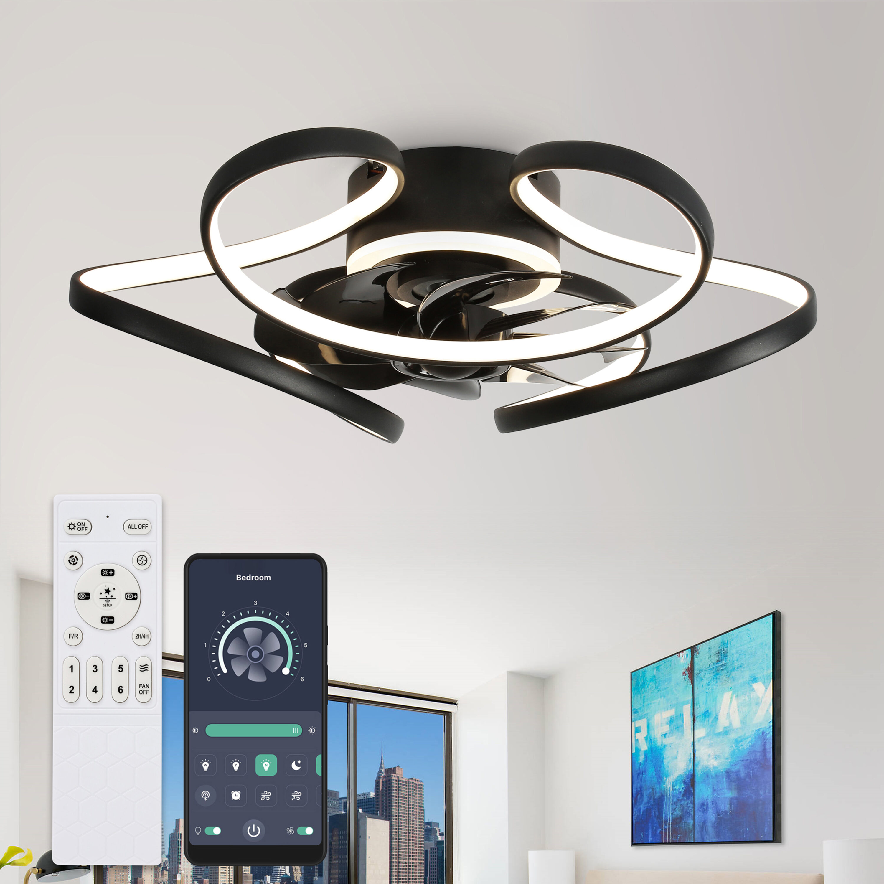 Oaks Decor Cotti 22-in Black with Clear Blades Color-changing Integrated LED Indoor/Outdoor Flush Mount Smart Fandelier Ceiling Fan with Light and Remote (7-Blade) DC2203 Sansujyuku sansujyuku.com