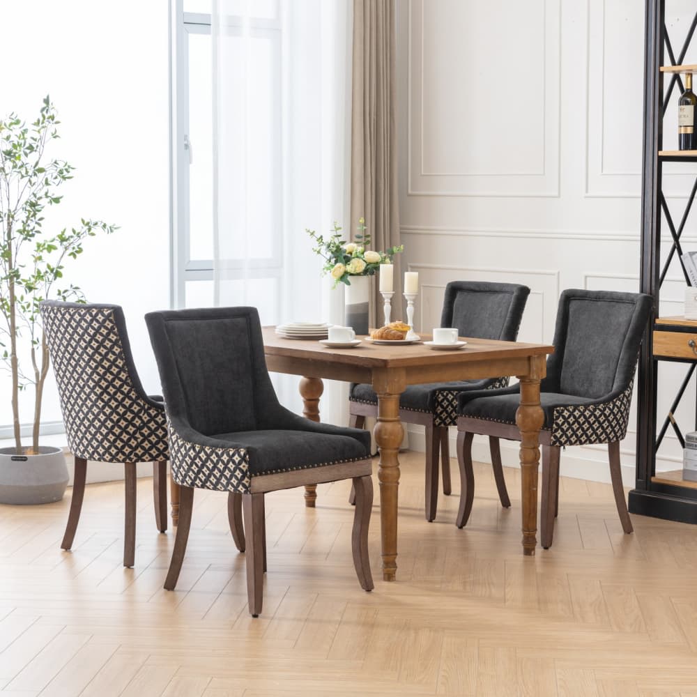 Maison Boucle SORA-CH-BK-PATTERN-4 Set of 4 Black Patterned Upholstered Dining Chairs with Bronze Nailhead Trim Wood Legs for Kitchen