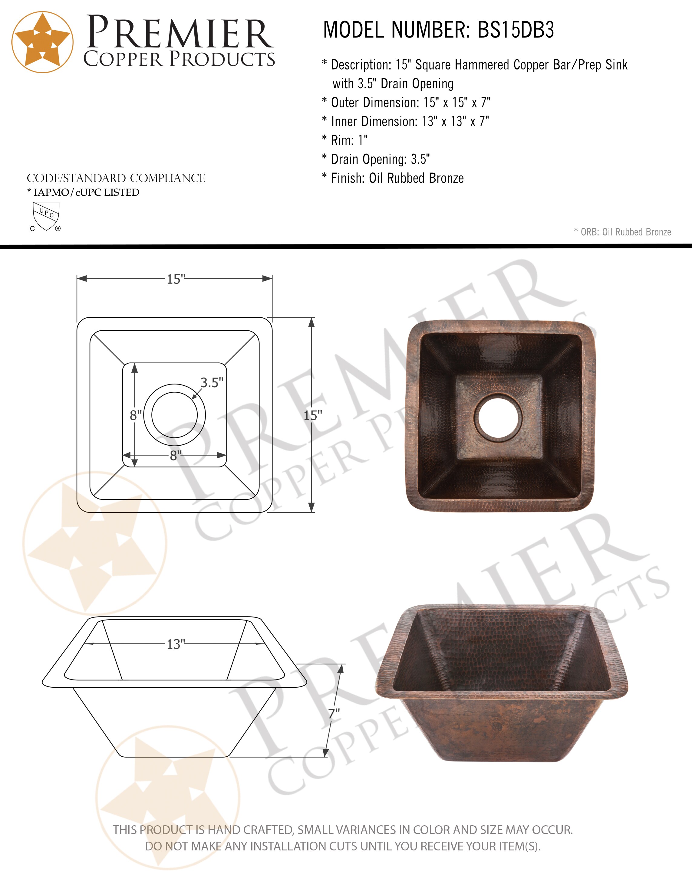 PREMIER COPPER PRODUCTS BS15DB3 Bar-Prep-Sinks - View #6