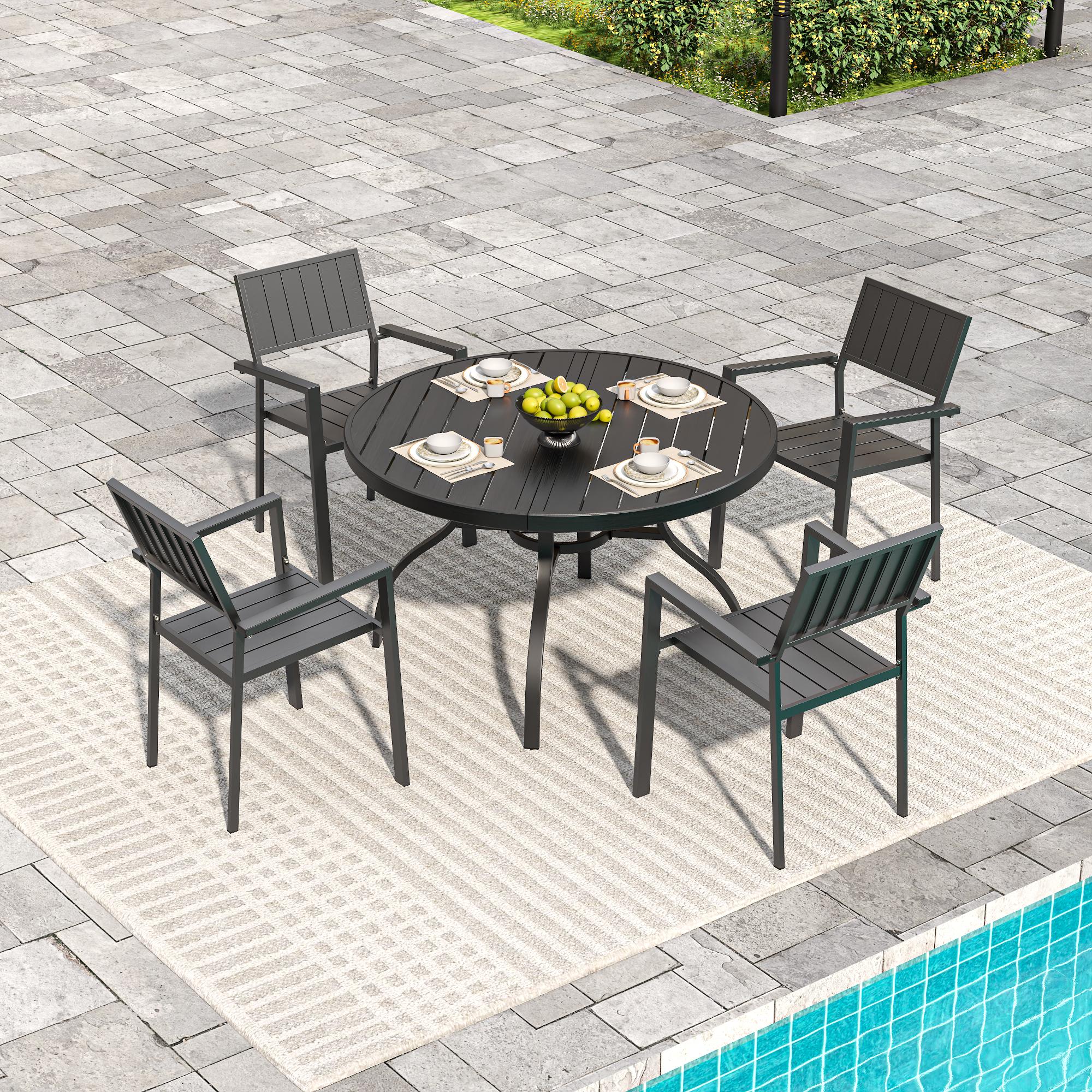Bayfeve - Patio Dining Sets 5 -Piece Black Patio Dining Set Steel Round Table with 4 Stackable St...