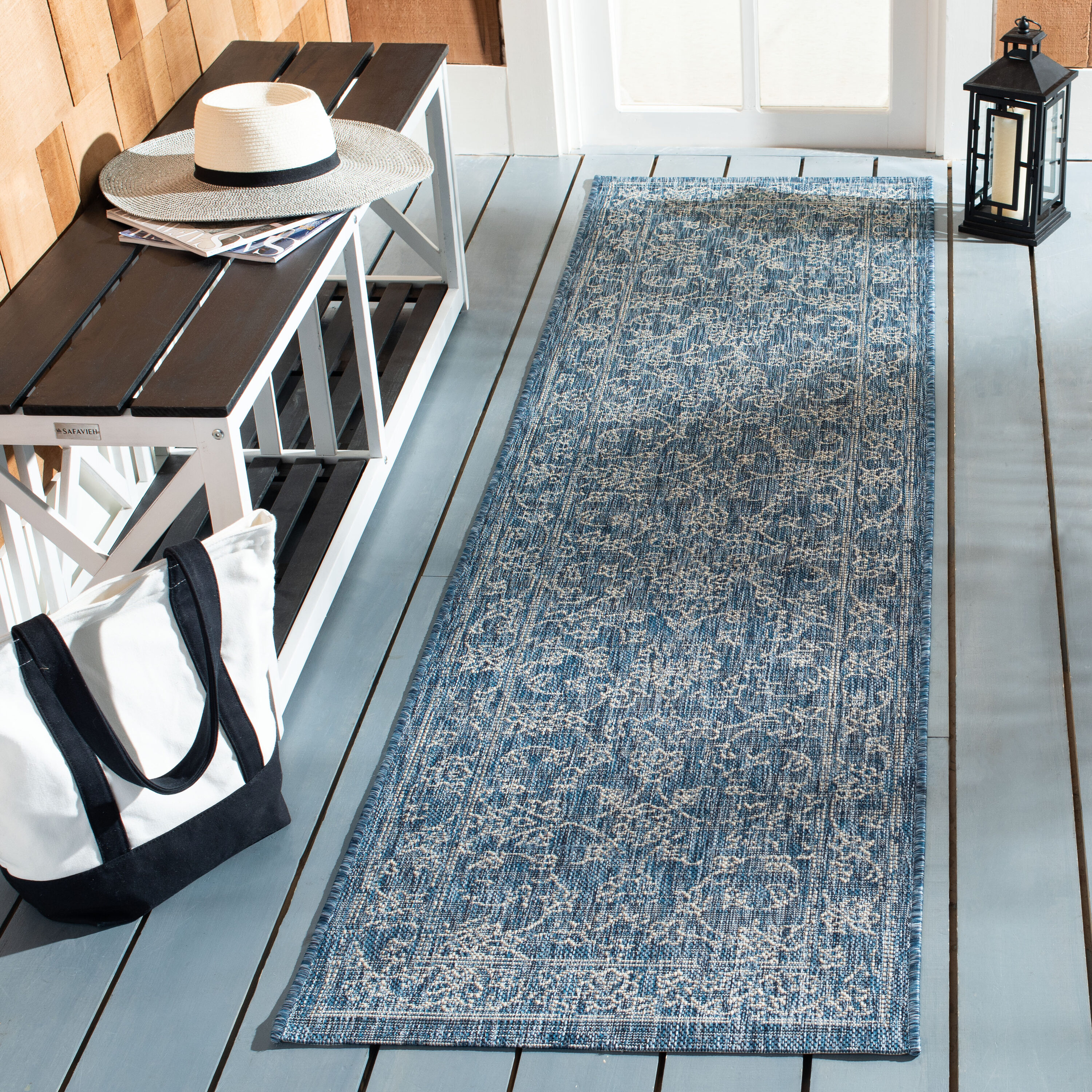 Safavieh CY8680-36821-218 Courtyard 2 x 18 (ft) Loomed Synthetic Navy/Ivory Rectangular Indoor/Outdoor Floral Tropical Runner rug