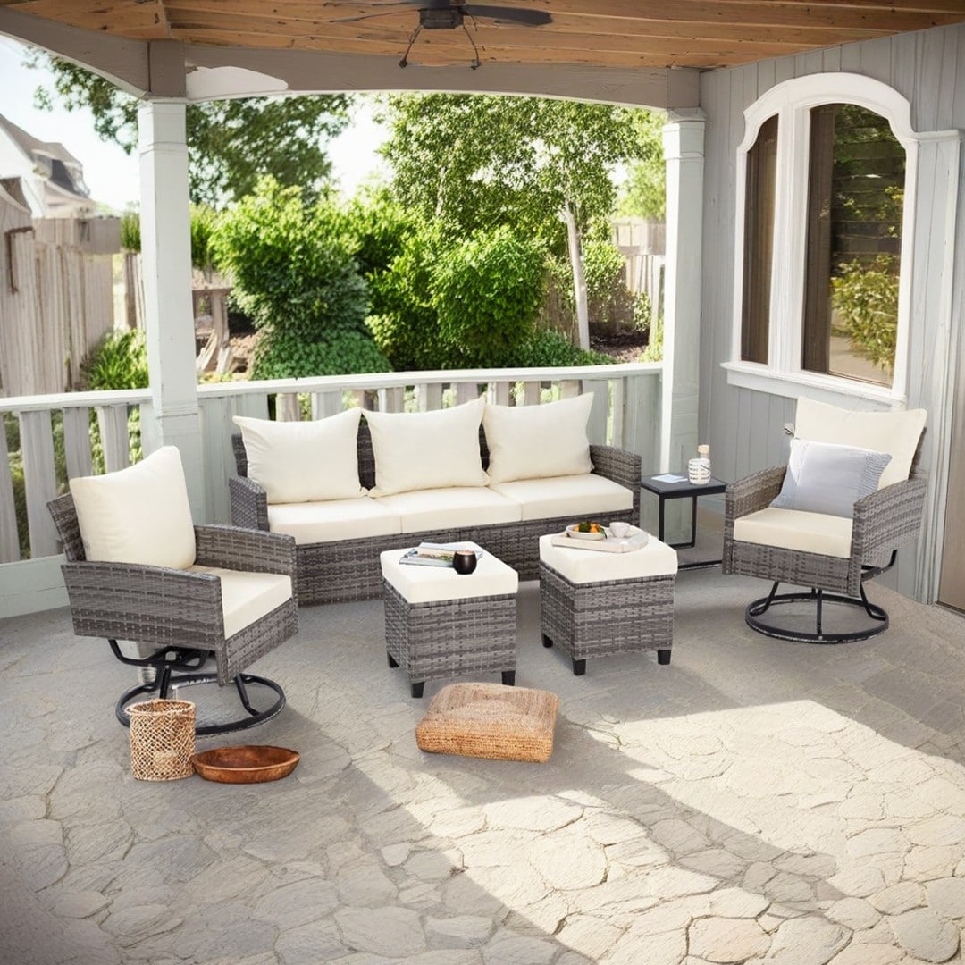 EarlGrove LS-ZJZC0056GYBL 6 -Piece Wicker Patio Conversation Set with Blue Cushions