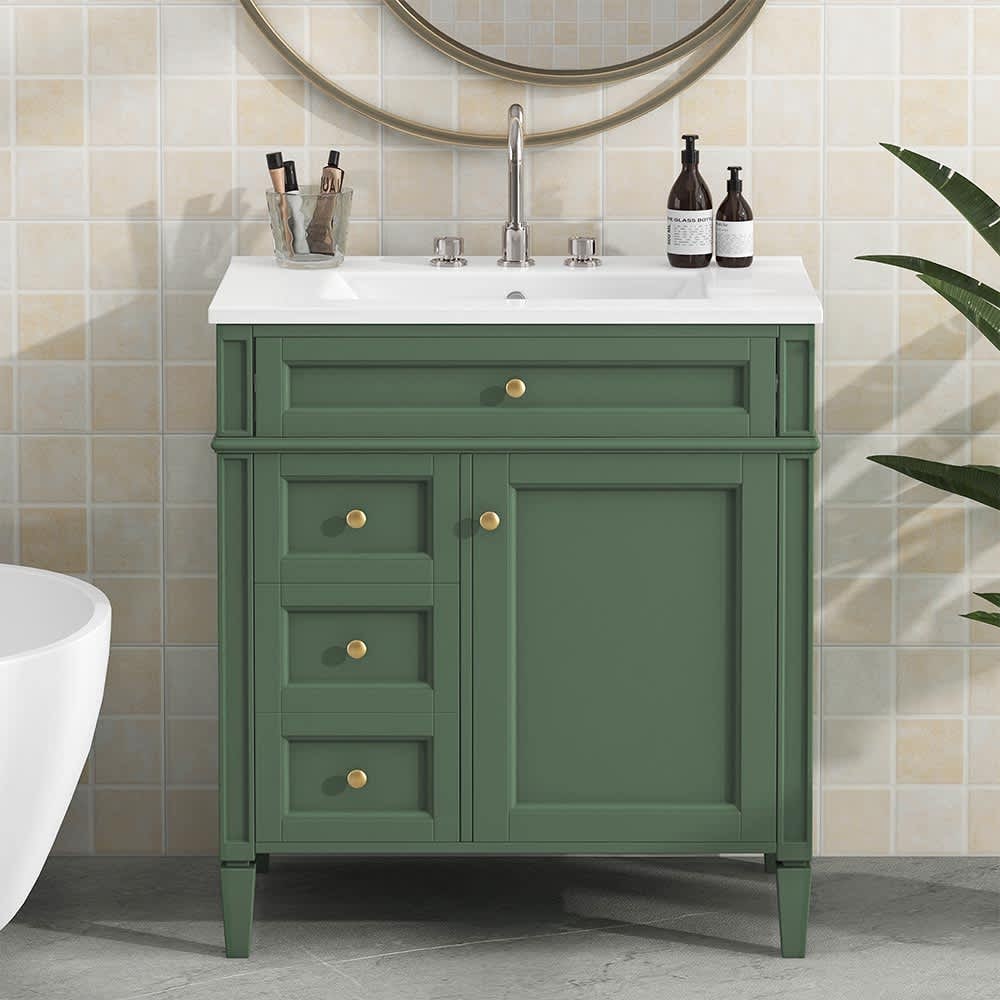 JUJABU ZJVANITY-9 Green 30inch Bathroom Vanity with Top Sink Modern Bathroom Storage Cabinet with 2 Drawers and a Tip-out Drawer
