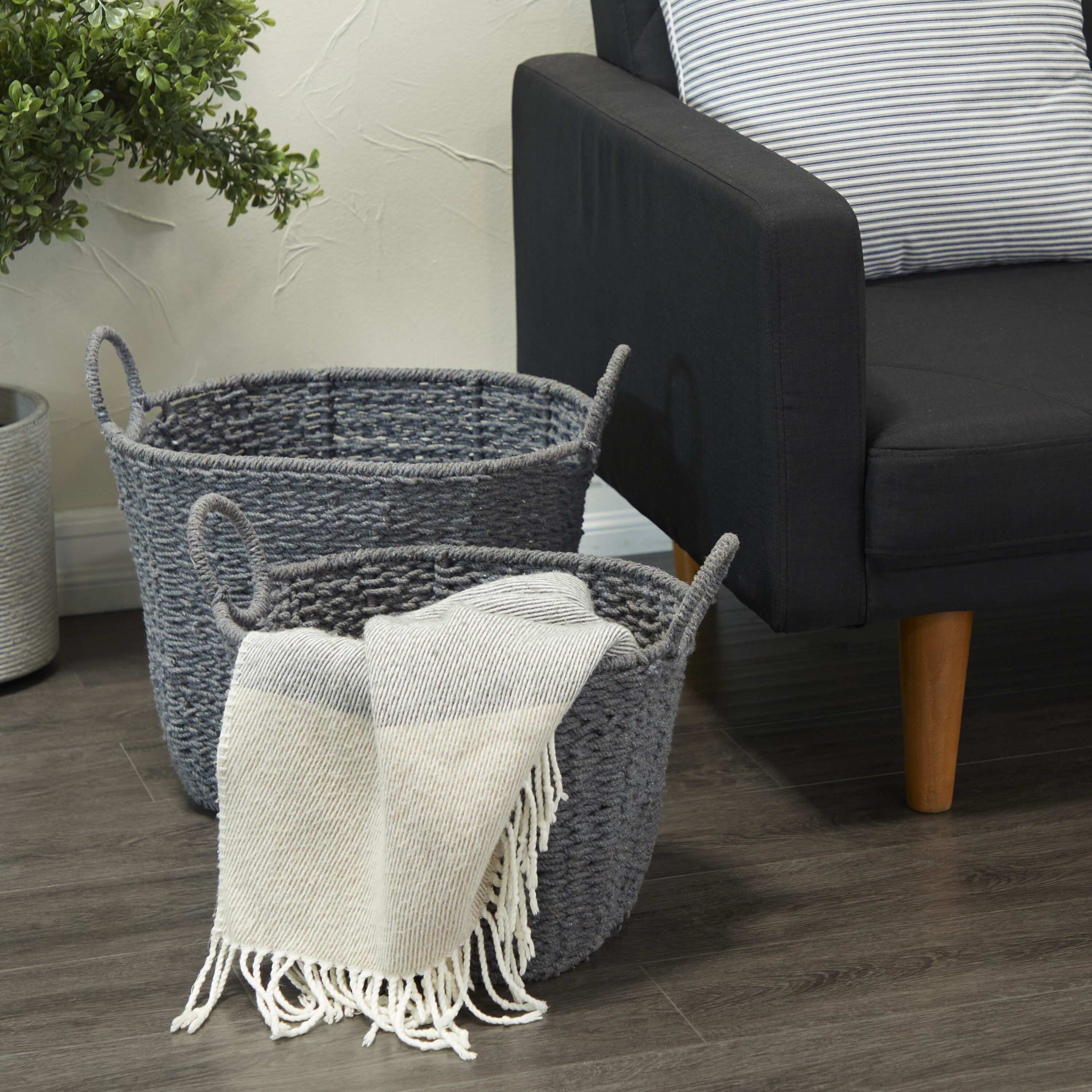 Grayson Lane 82638 2 -Pack ( 14-in W x 16-in H x 19.5-in D ) Gray Handmade with Handles Cotton Stackable Basket
