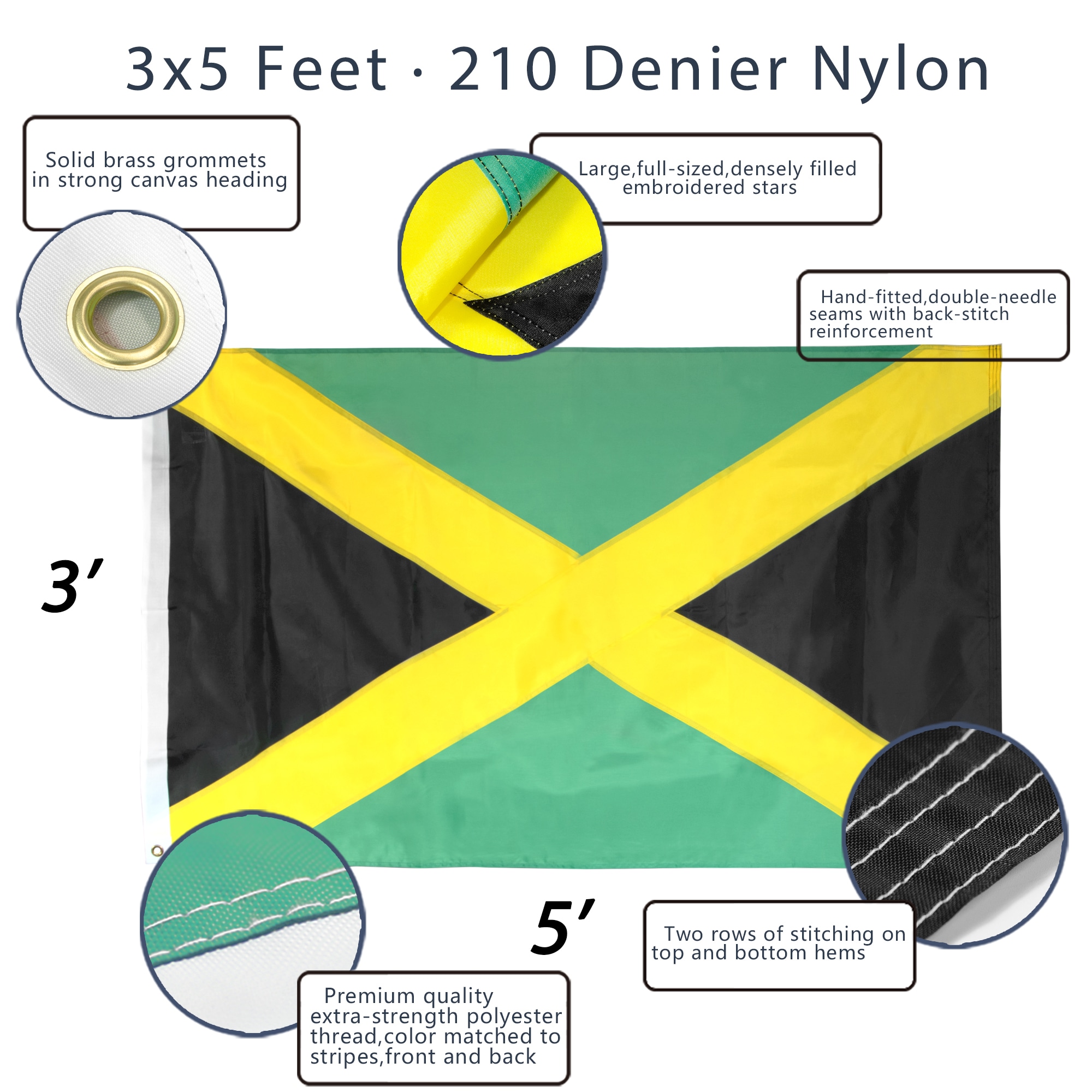 Heavy Duty Nylon 3x5 Ft Jamaican Flag with Embroidered Stripes