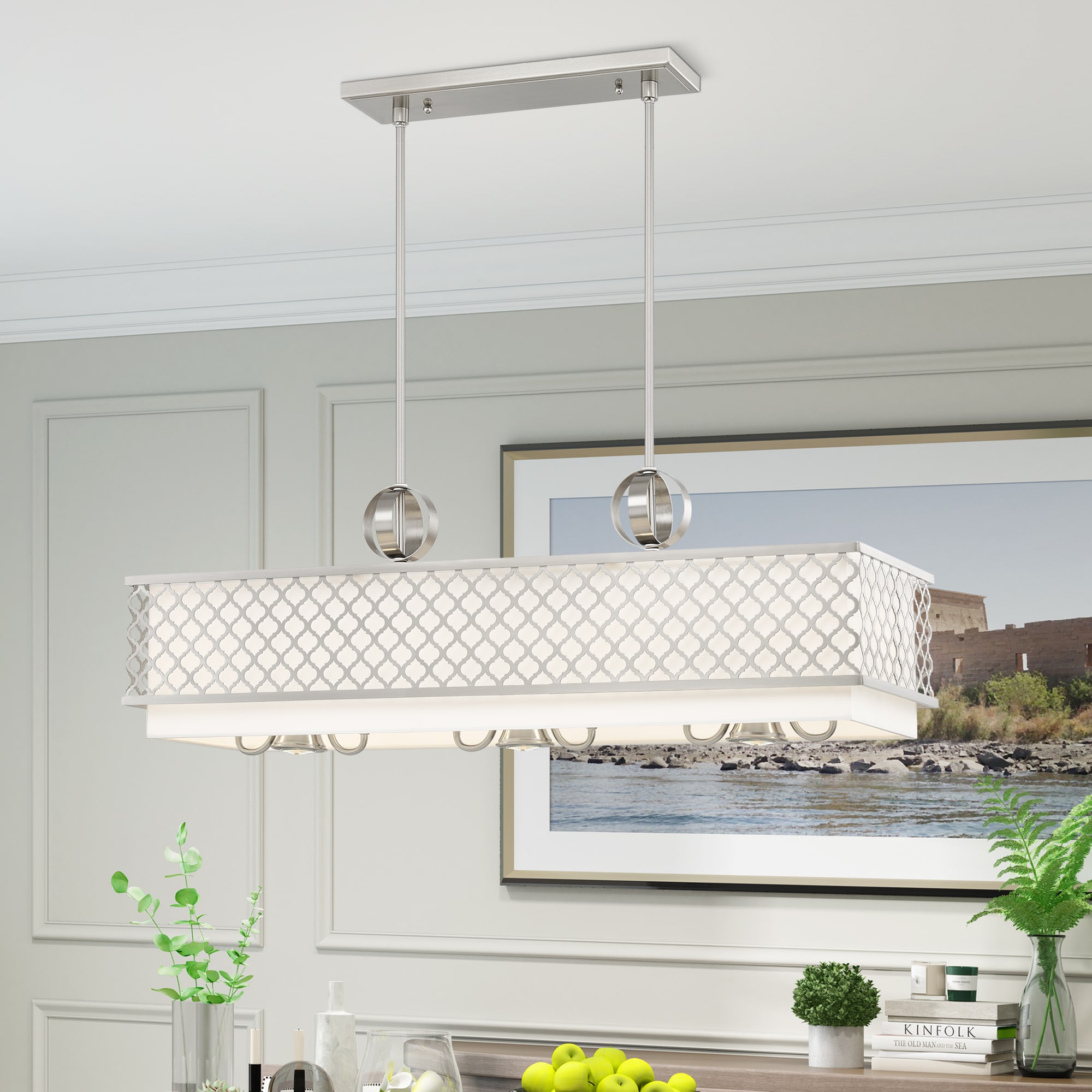 Arabesque Brushed Nickel 9-Light Linear Chandelier with Fabric Shade