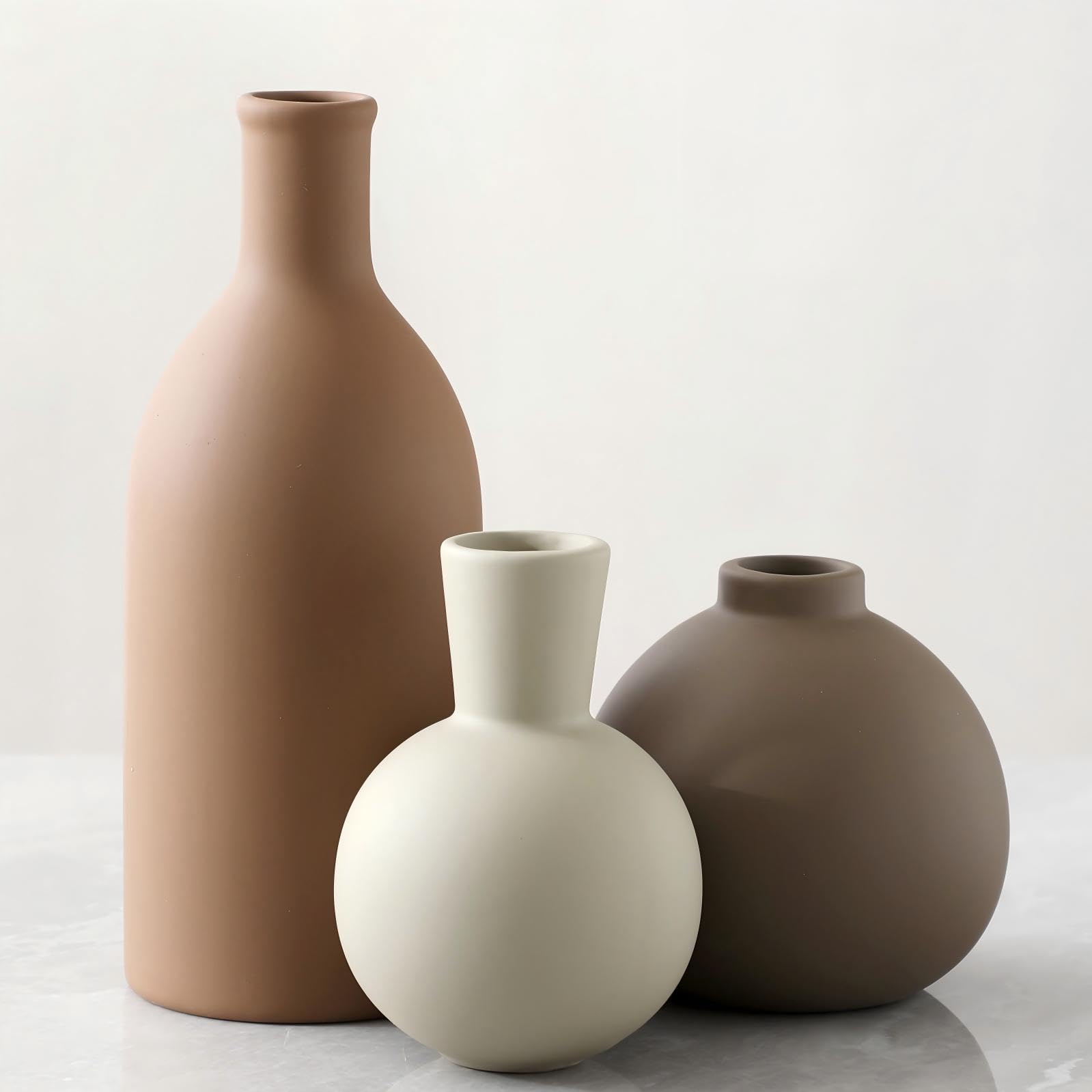 PIGFDK - Brown Larger Ceramic Vase Set of 3 Rustic Farmhouse Home Decor for Fresh Dried Flowers L...