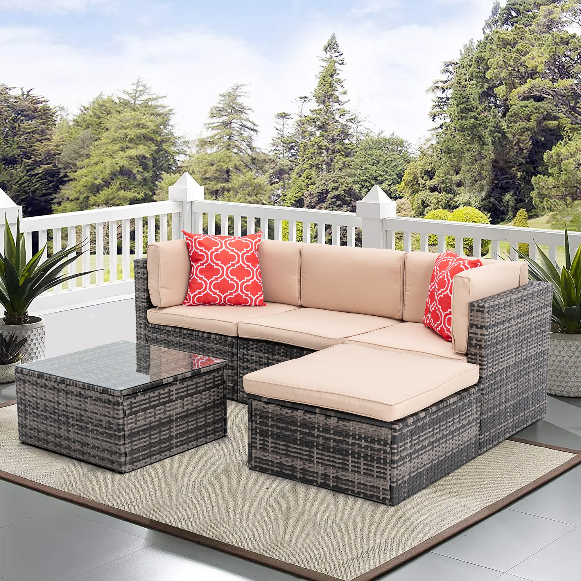 Bayfeve BF-0030HF 5 -Piece Wicker 2 Patio Sofa Conversation Set with Brown Cushions