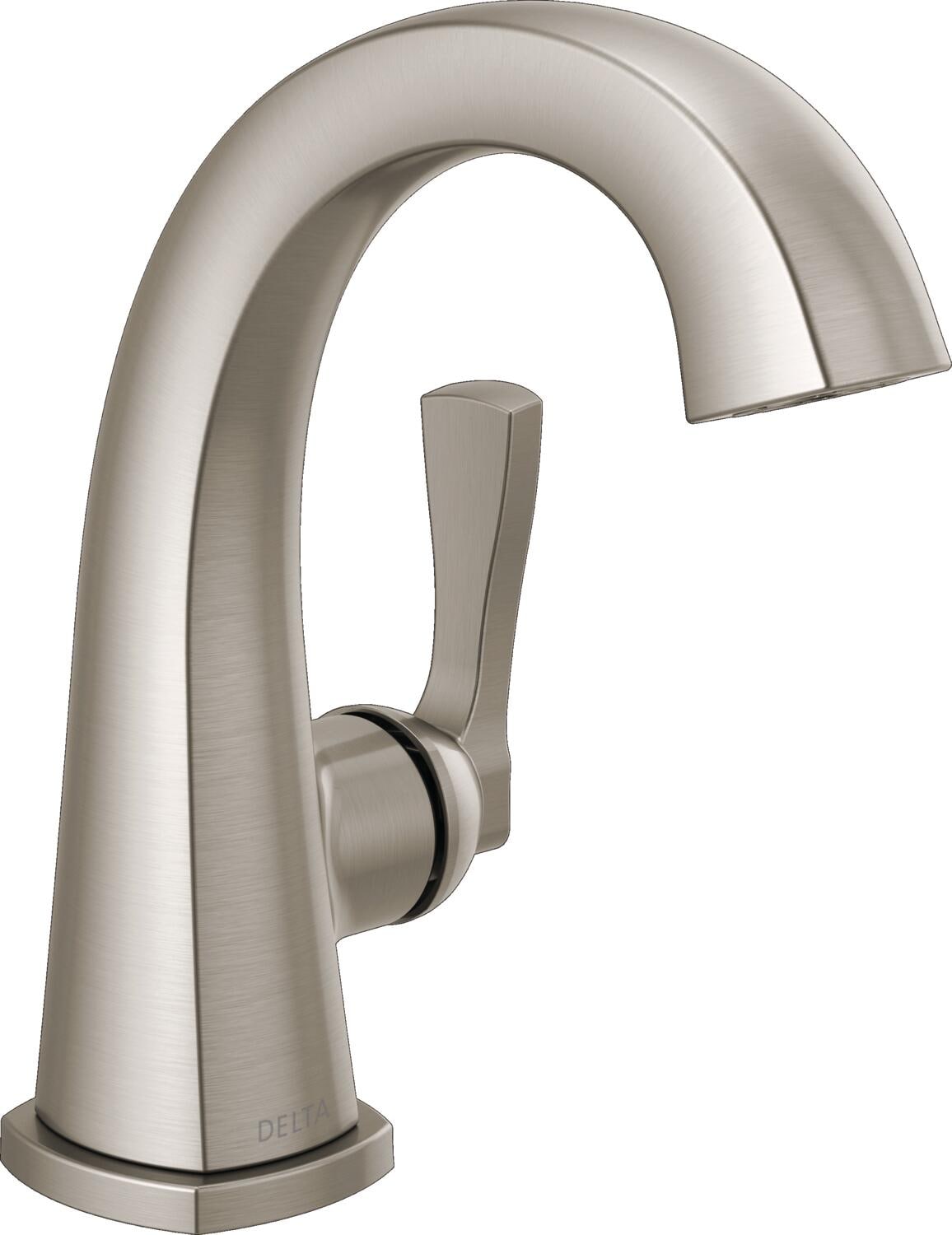 Delta 577-SS-PR-MPU-DST Stryke Lumicoat Stainless Single hole 1-handle WaterSense Mid-arc Residential Handle Bathroom Sink Faucet with Drain with Deck Plate