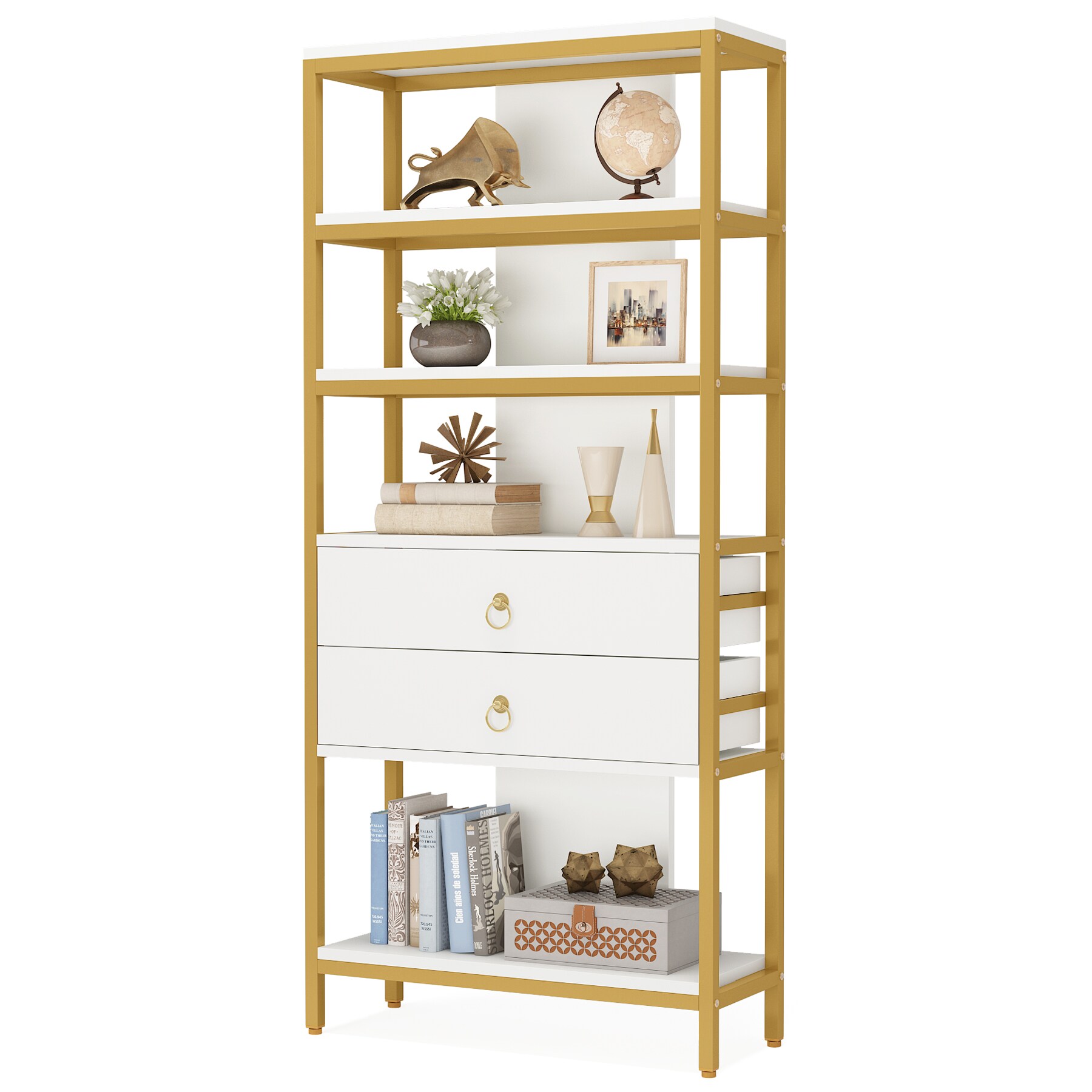 66 inch Tall 5 Tiers Wood Bookshelf with 10 Open Compartments-White - Color: White