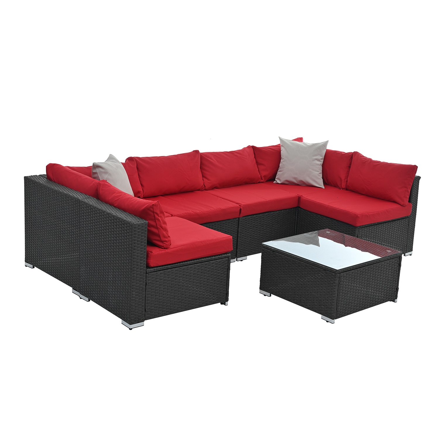 Bybafun YB7900019 Wicker Outdoor Sectional with Red Cushions and Wicker Frame