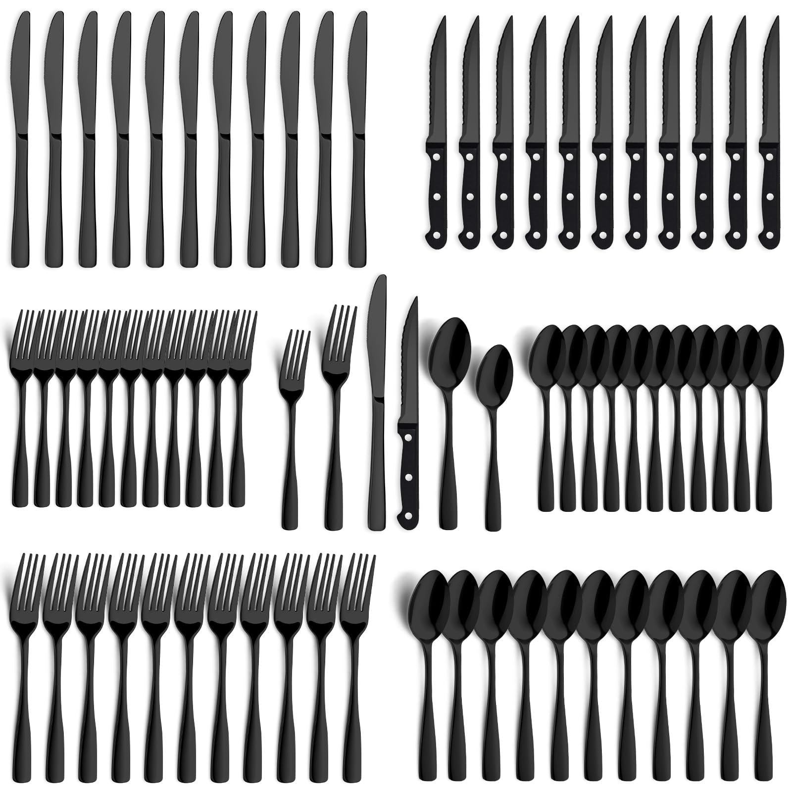 Aoibox  72 Piece Black Stainless Steel Silverware Set for 12 Mirror Polished Flatware with Steak Knives Dishwasher Safe
