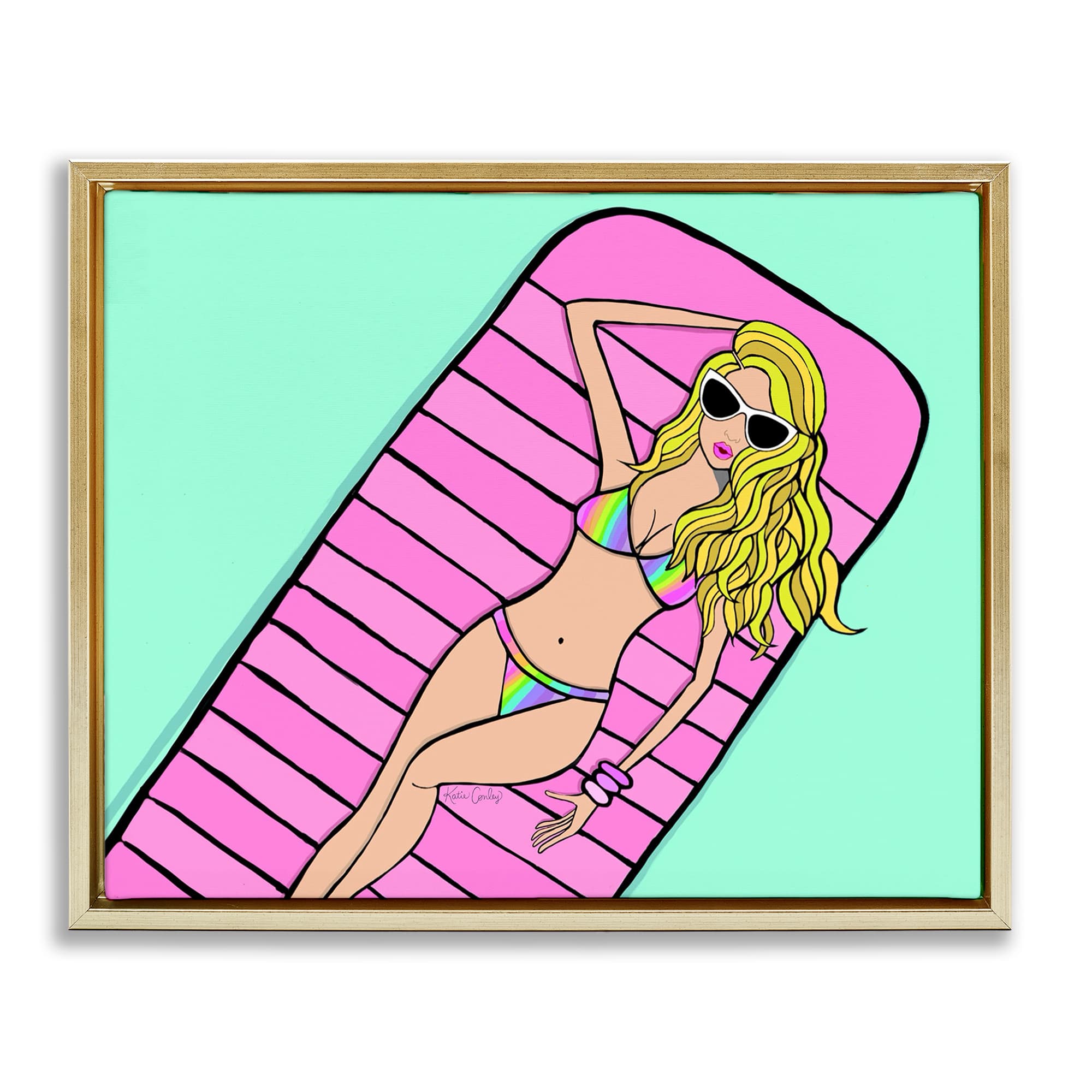 Stupell Industries BS-748-FFG-16X20 Trendy Girl on Pool Float Gold Framed Floater Canvas Wall Art By Katie Conley 21 x 17