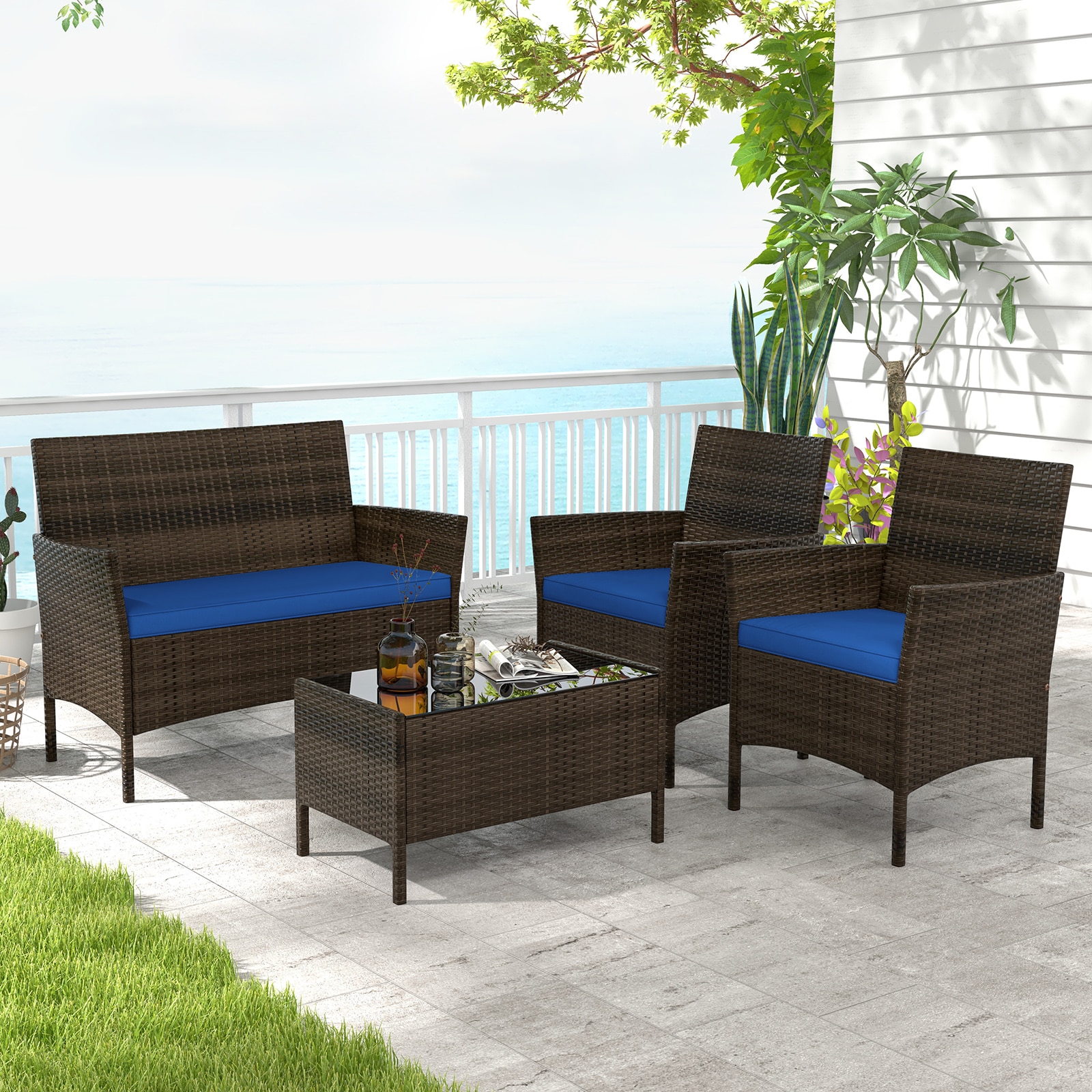 Forclover HYFW-1887NY 4 -Piece Rattan Patio Conversation Set with Blue Cushions