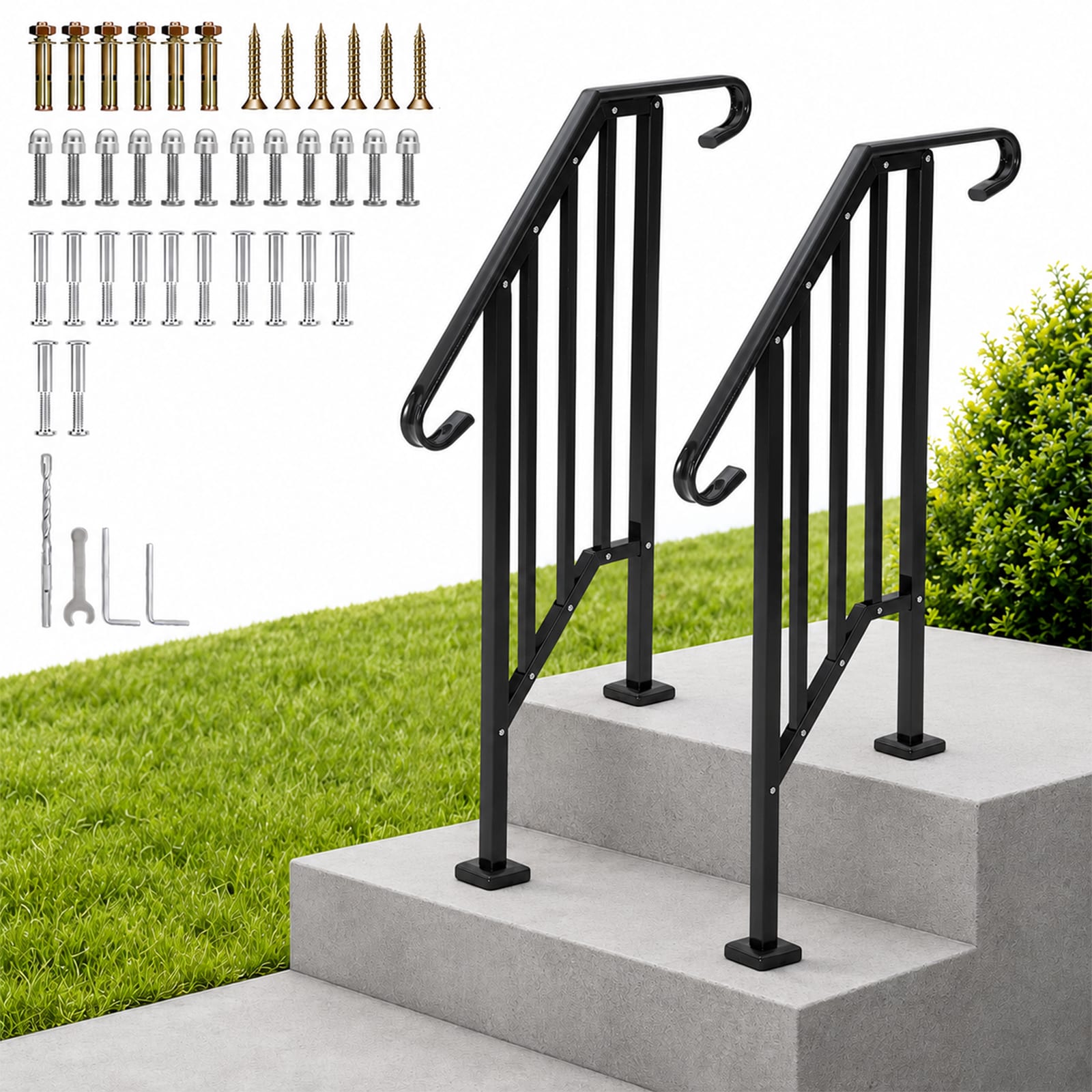 Garvee 2-Pack Steel Handrails for Outdoor Steps Black Exterior Stair Railing Kit with Safety Balusters 13-1/2 In Curved Ends Heavy Duty Deck Porch Railing for 2-Step Stairs Indoor/Outdoor Use