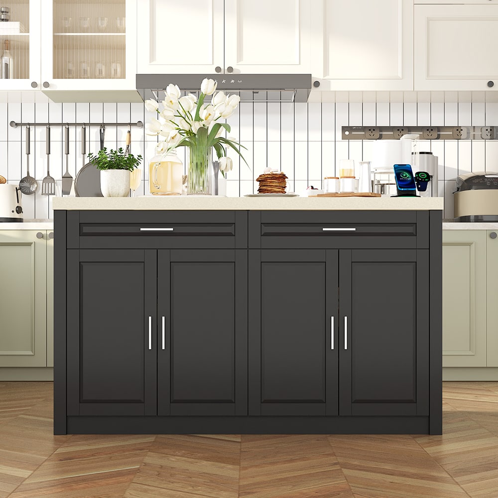 Homsee C-KF260161-01-AB Modern Stone-Look Kitchen Island with Storage Drawers and Built-in Power Outlets MDF Cabinet with Faux Stone Countertop
