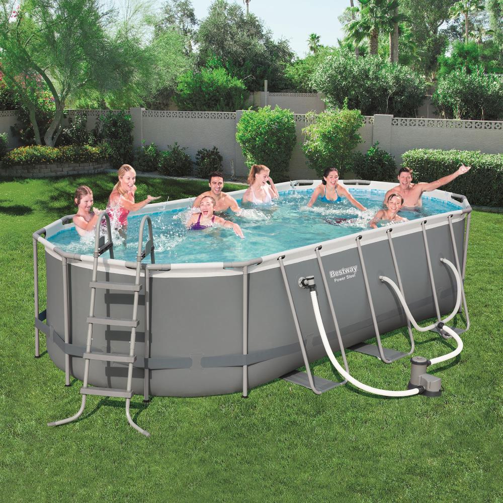 Bestway 18-ft x 9-ft x Metal Frame Oval Above-Ground Pool with Filter Pump,Ground Cloth,Pool Cover and Ladder the Above-Ground Pools department at Lowes.com