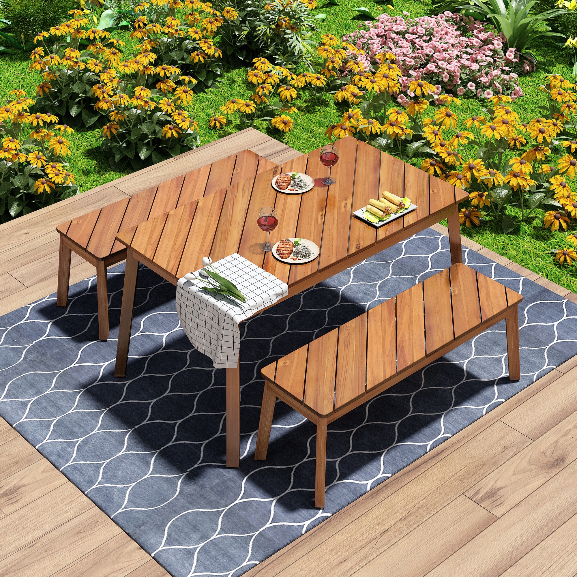 BABOOM BOM-WF28500-OR Wood Table Bench Dining Set 3 -Piece Brown Patio Dining Set Wood Rectangle Table with 2 Stationary Chairs