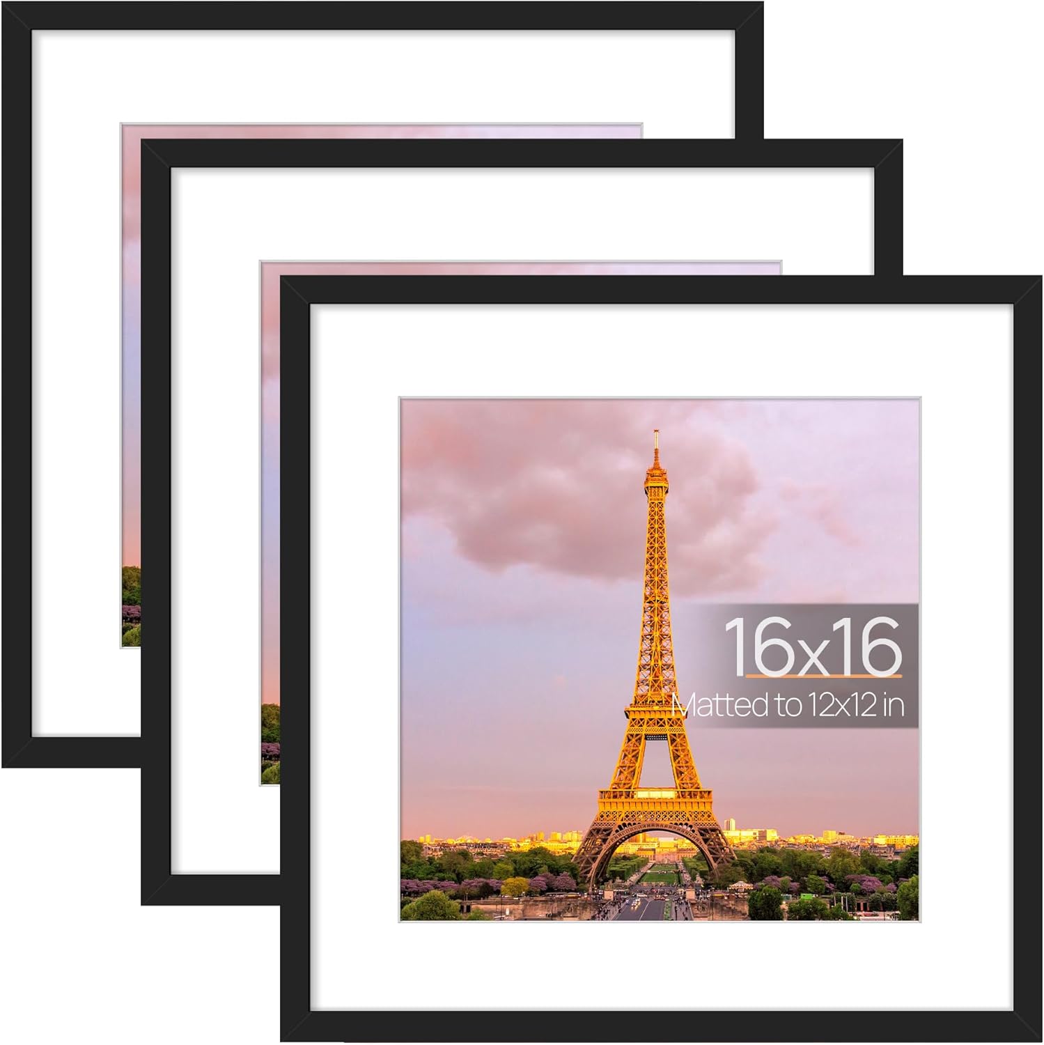 Upsimples B08XW2J5YH 16x16 Picture Frame 3 Pack Black with High Definition Glass Displays 12x12 with Mat or 16x16 Without Mat for Wall or Tabletop